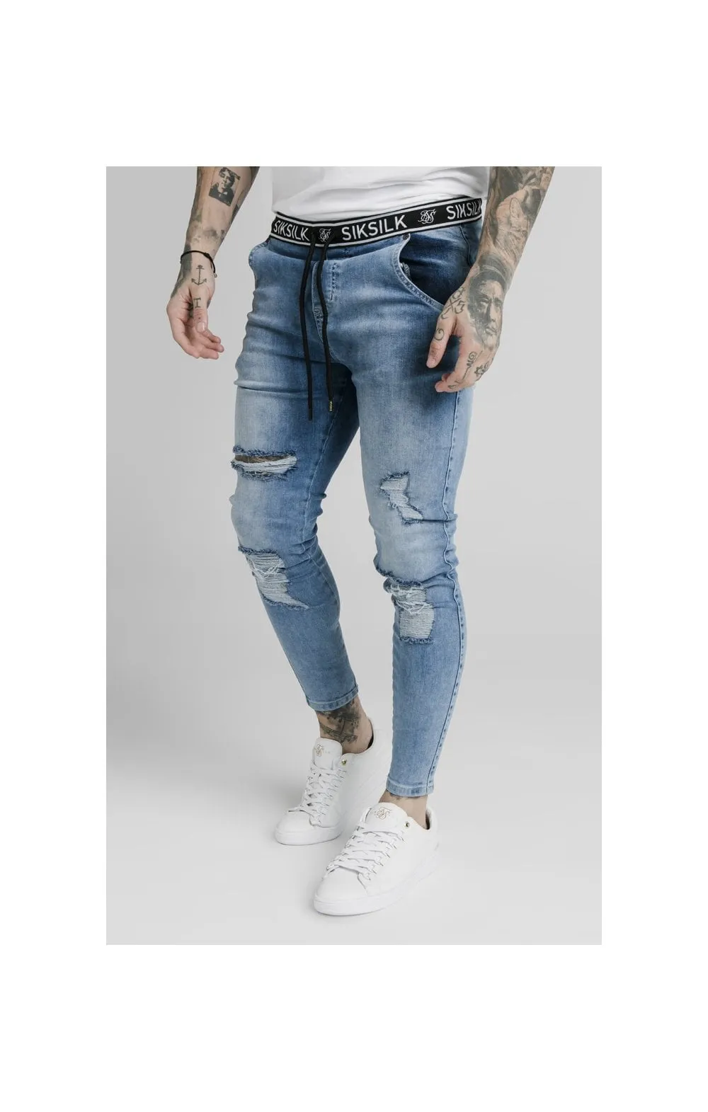 SikSilk Elasticated Waist Skinny Distressed Denim – Midstone Blue sold by Siksilk