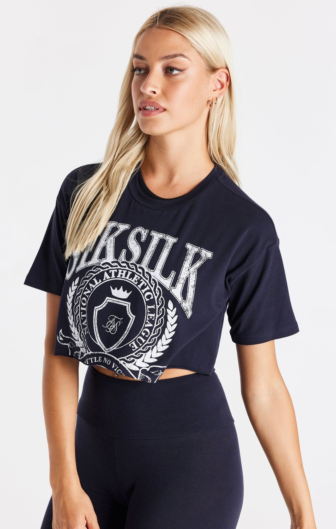 Navy Varsity Cropped T-Shirt sold by Siksilk