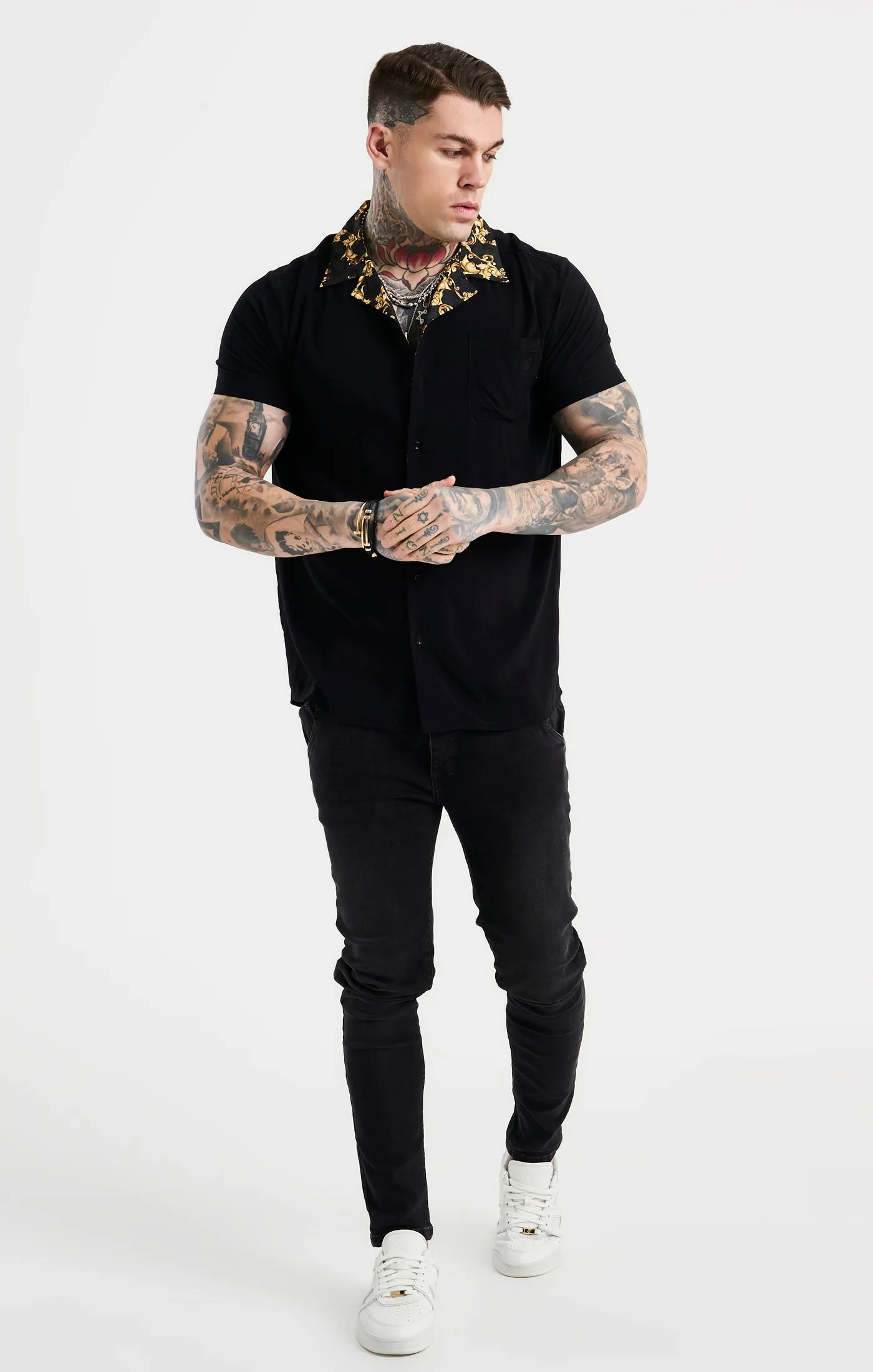 SikSilk Venetian Contrast Collar Oversized Shirt - Black & Gold sold by Siksilk product image thumbnail 4