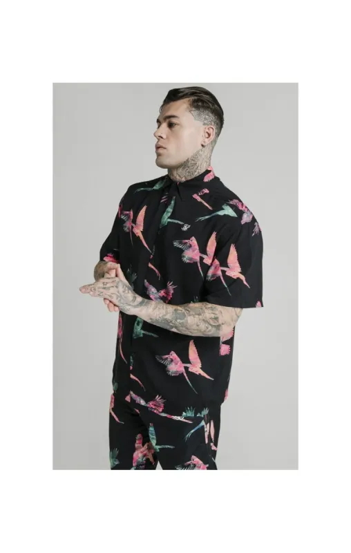 SikSilk High Collar Resort Shirt - Black,Teal & Pink sold by Siksilk