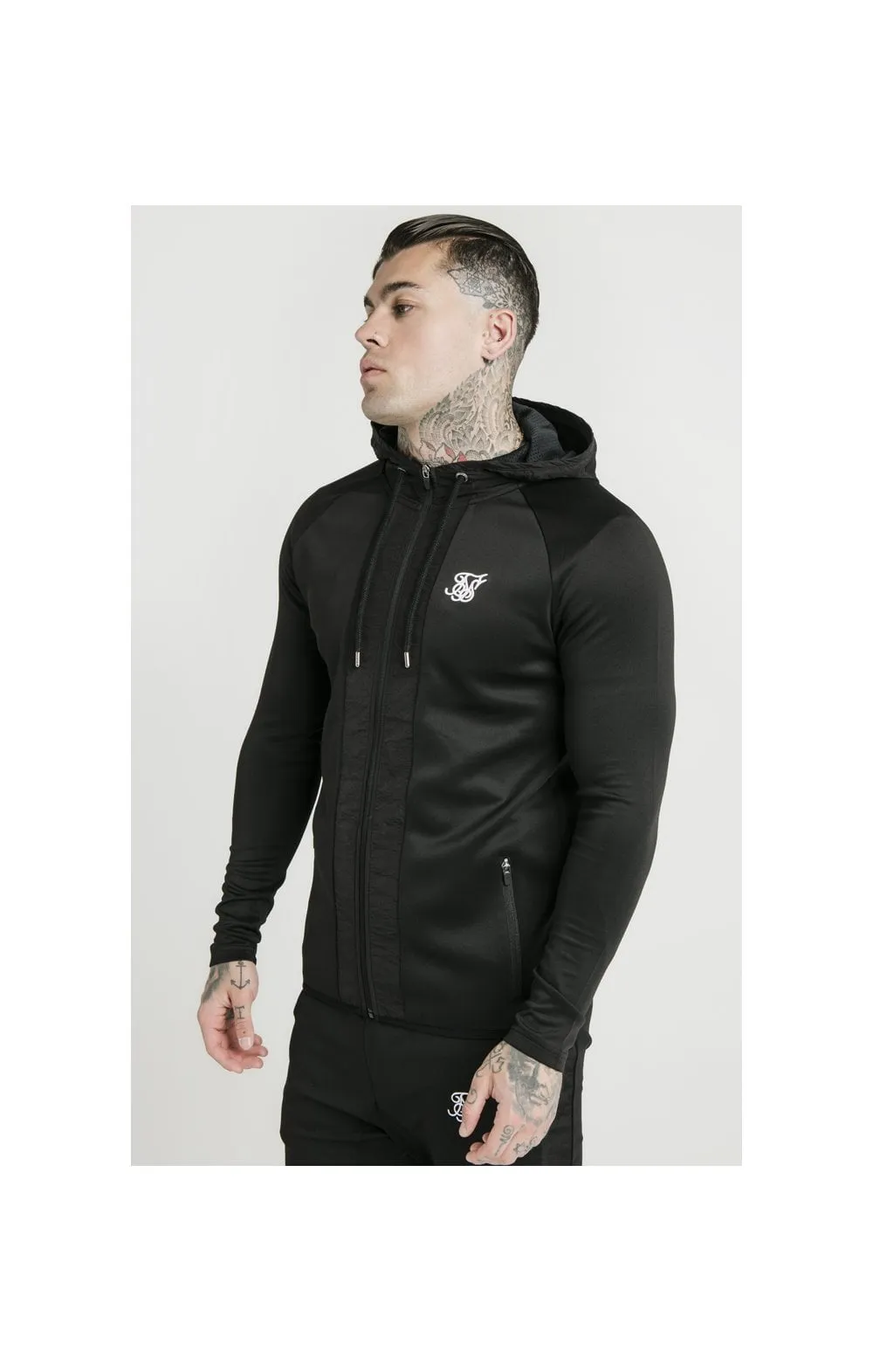 SikSilk Creased Nylon Zip Through Hoodie – Black sold by Siksilk