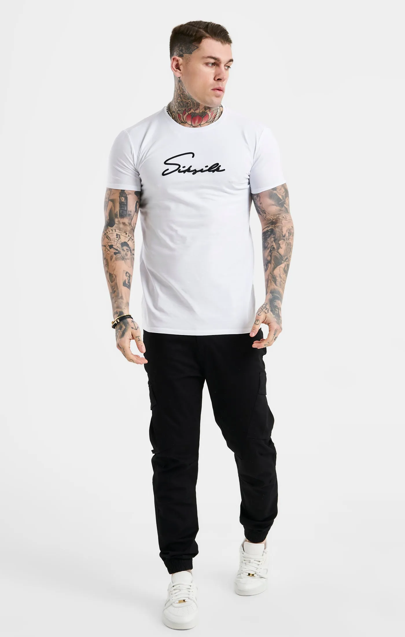 White Script Embroidery Muscle Fit T-Shirt sold by Siksilk product image thumbnail 3