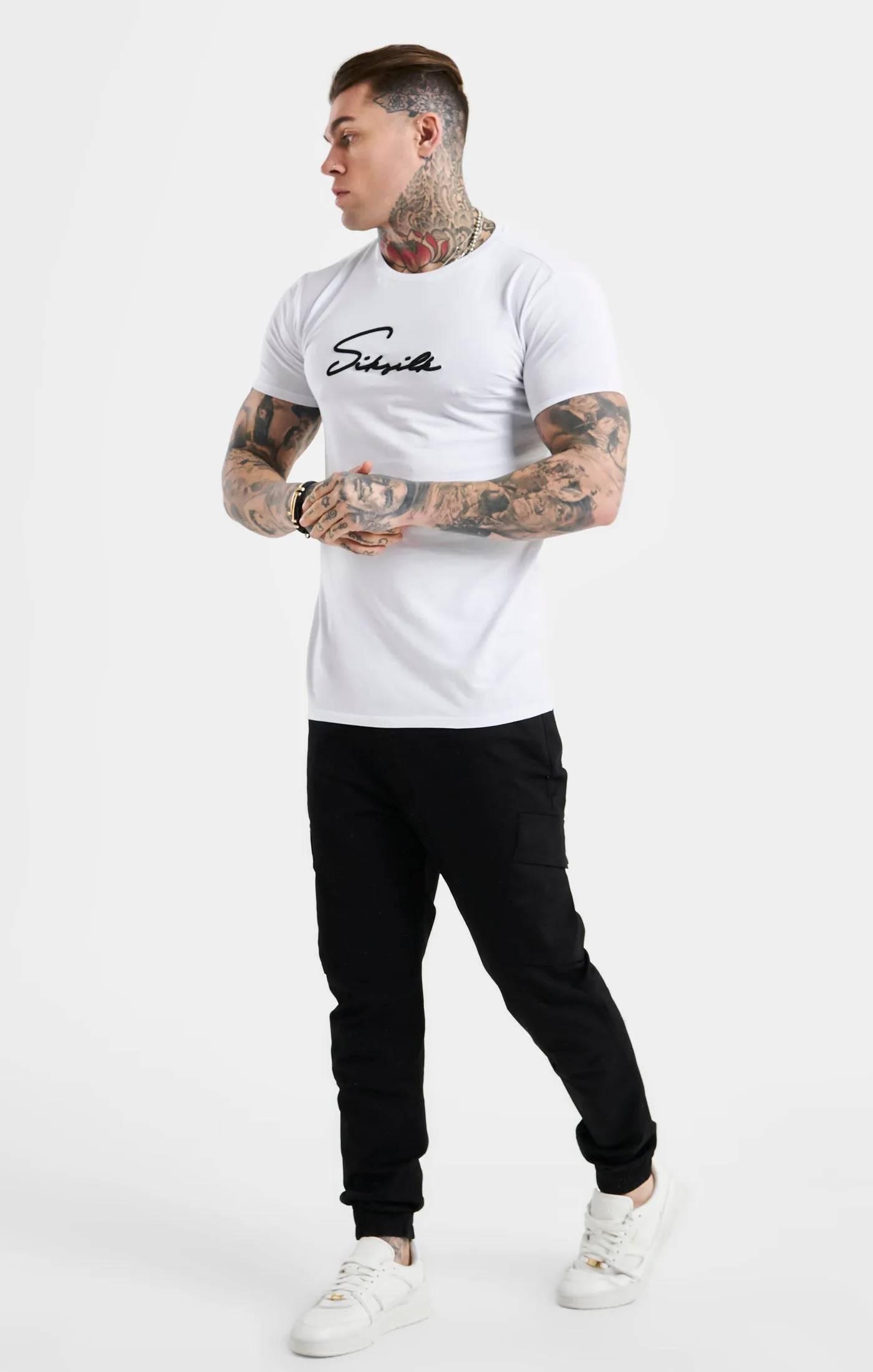White Script Embroidery Muscle Fit T-Shirt sold by Siksilk product image thumbnail 4