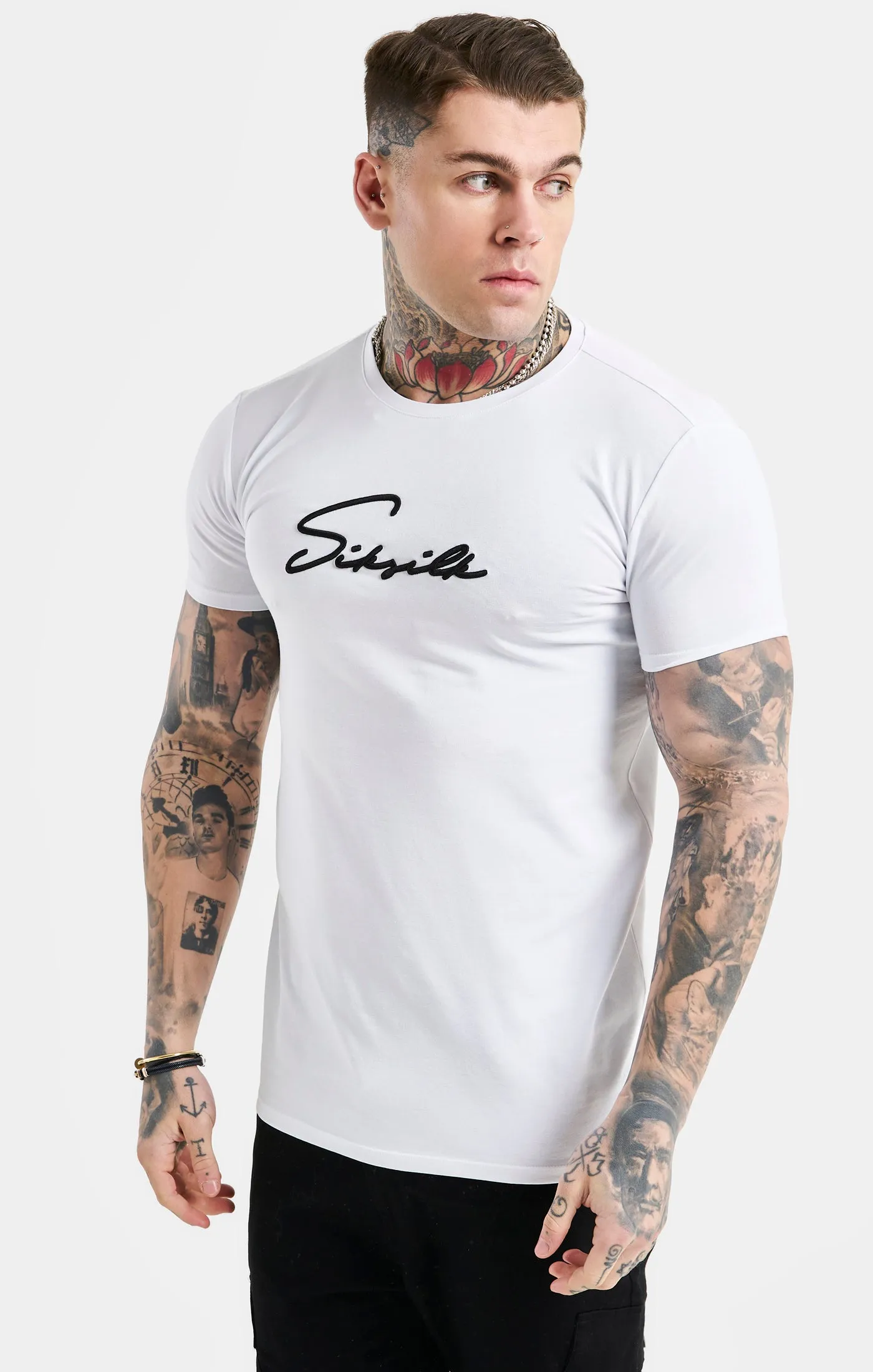White Script Embroidery Muscle Fit T-Shirt sold by Siksilk