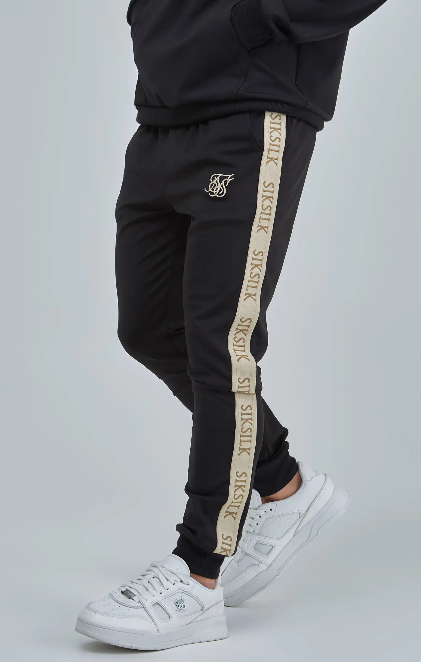 Boys Black Taped Skinny Fit Joggers sold by Siksilk