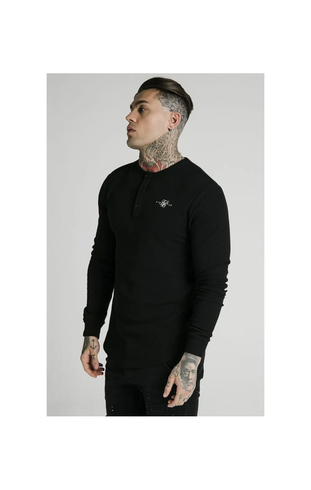 SikSilk Long Sleeve Button Down Tee – Black sold by Siksilk