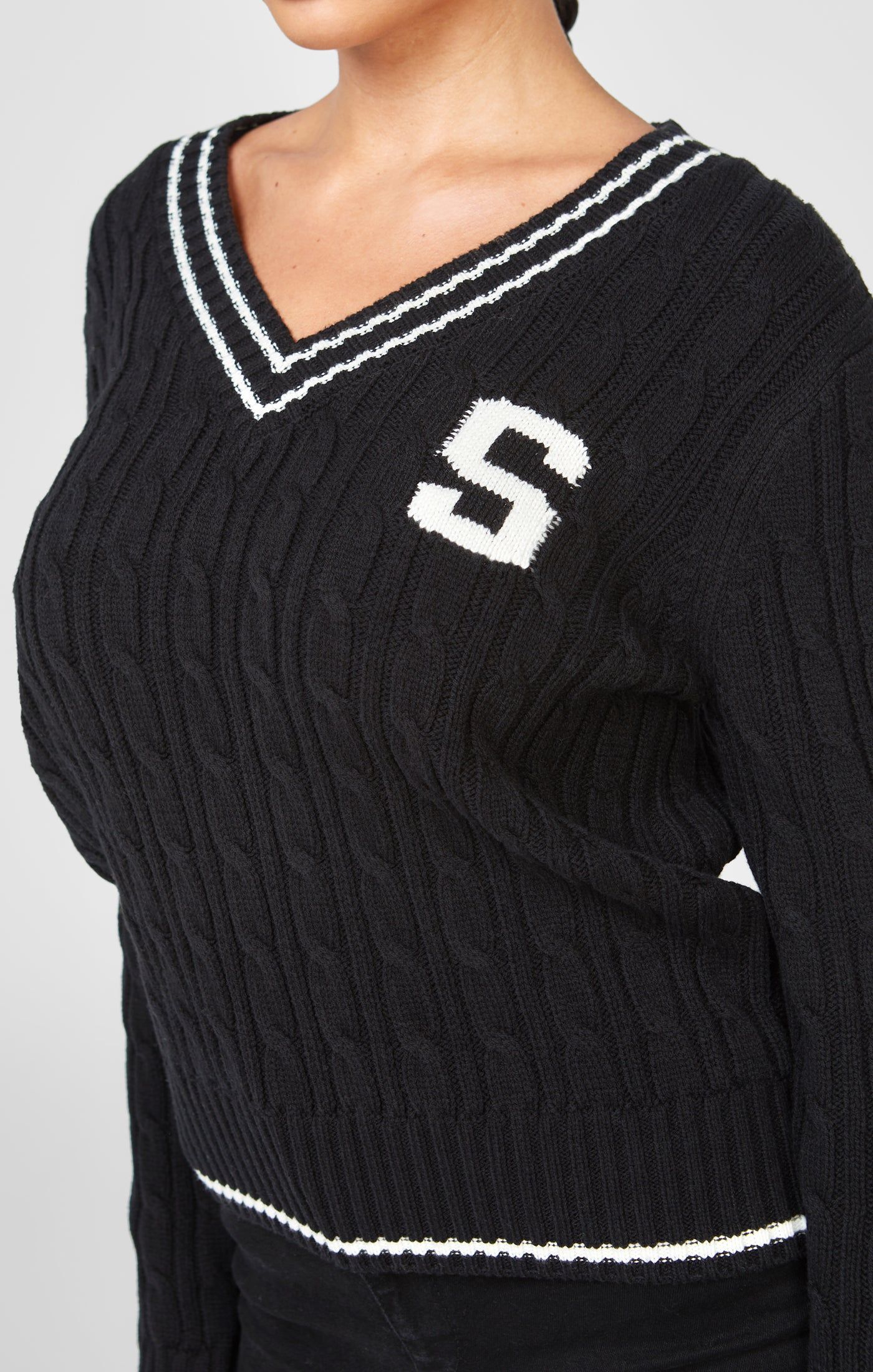 Black Varsity Cable Knit Sweater sold by Siksilk product image thumbnail 2
