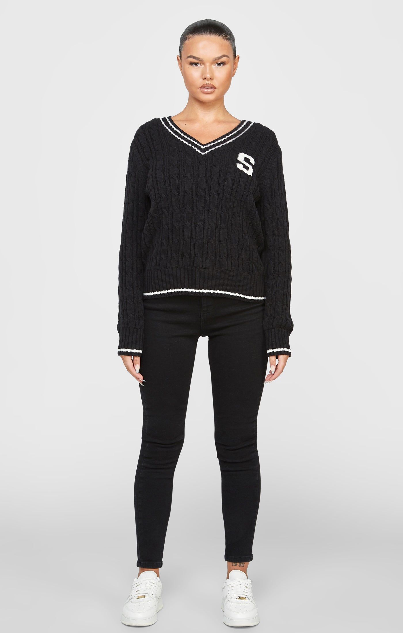 Black Varsity Cable Knit Sweater sold by Siksilk product image thumbnail 3