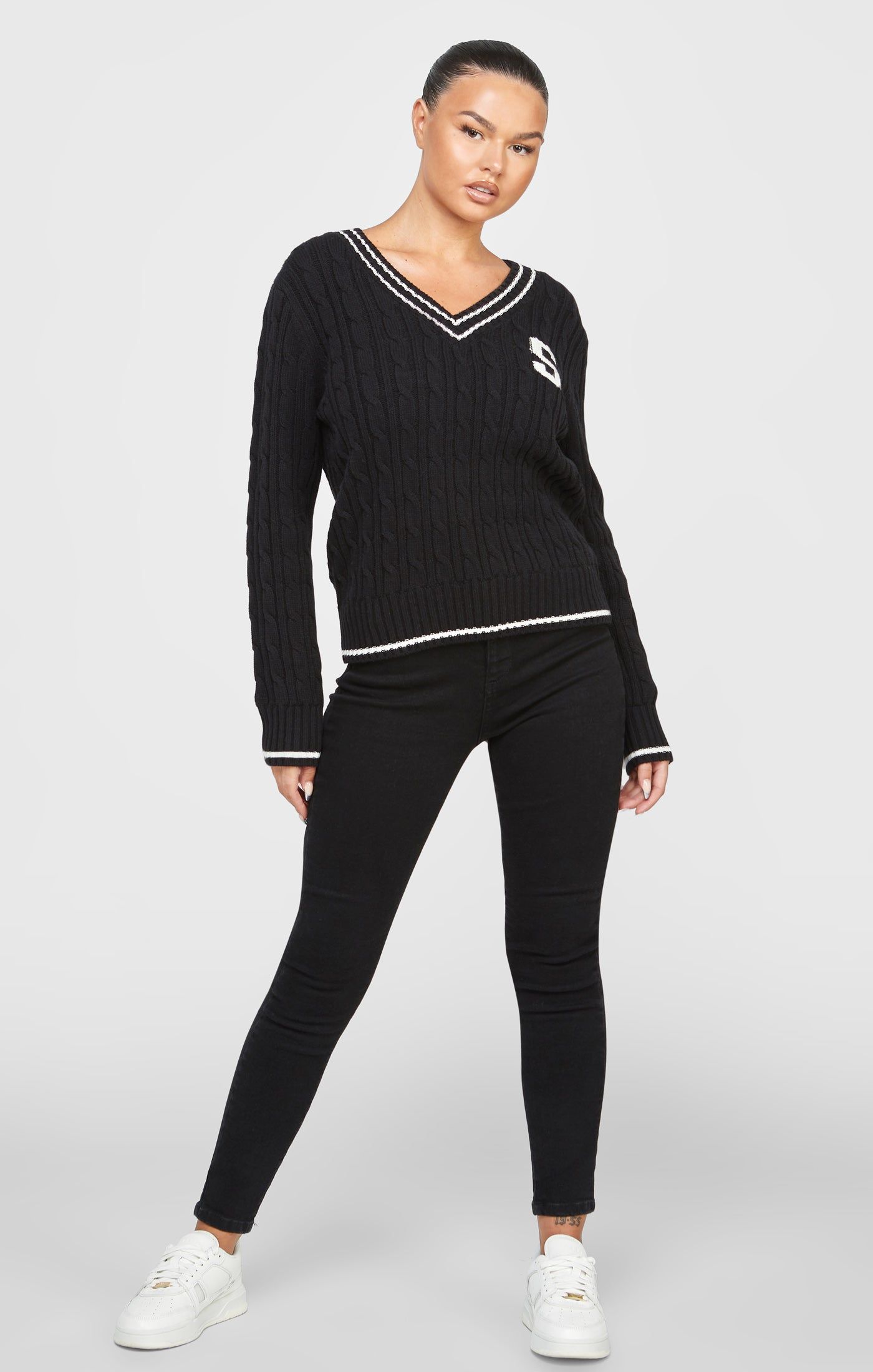 Black Varsity Cable Knit Sweater sold by Siksilk product image thumbnail 4
