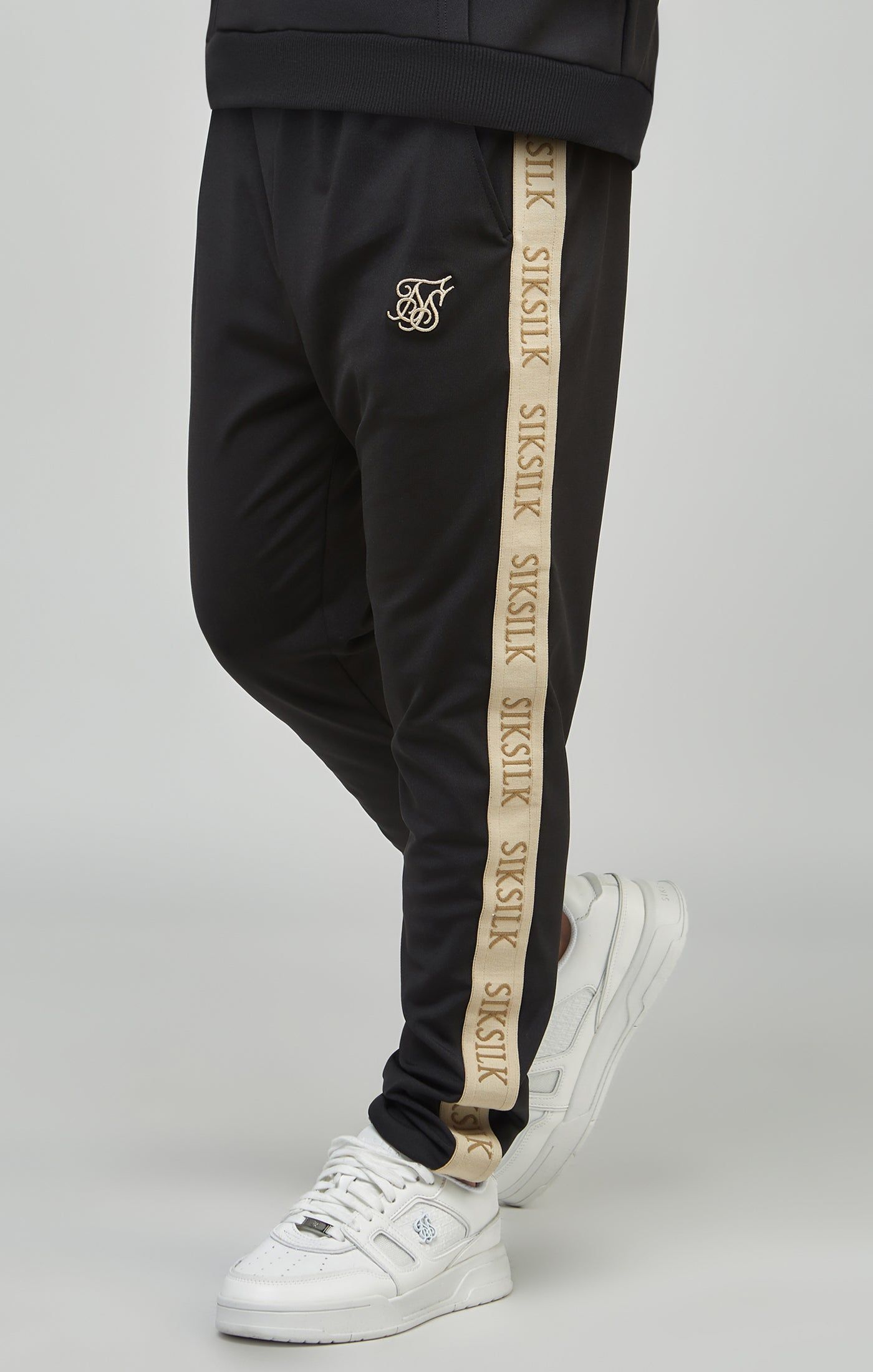 Boys Black Taped Skinny Joggers sold by Siksilk