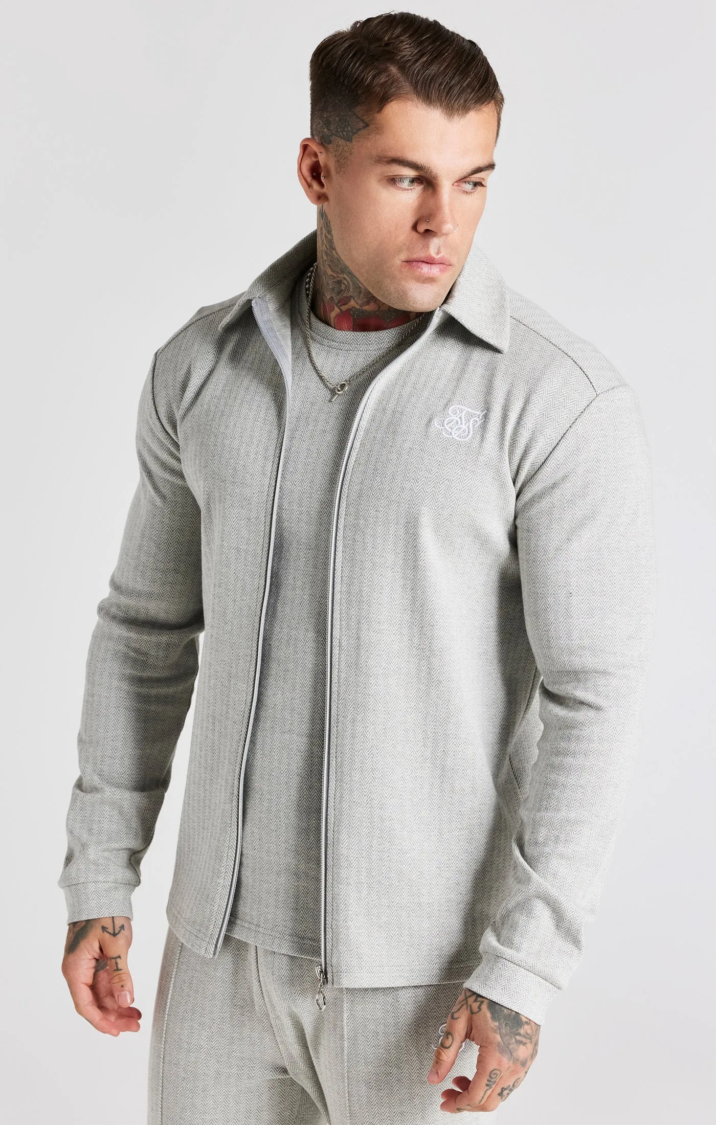 Grey Herringbone Zip Thru Shirt sold by Siksilk