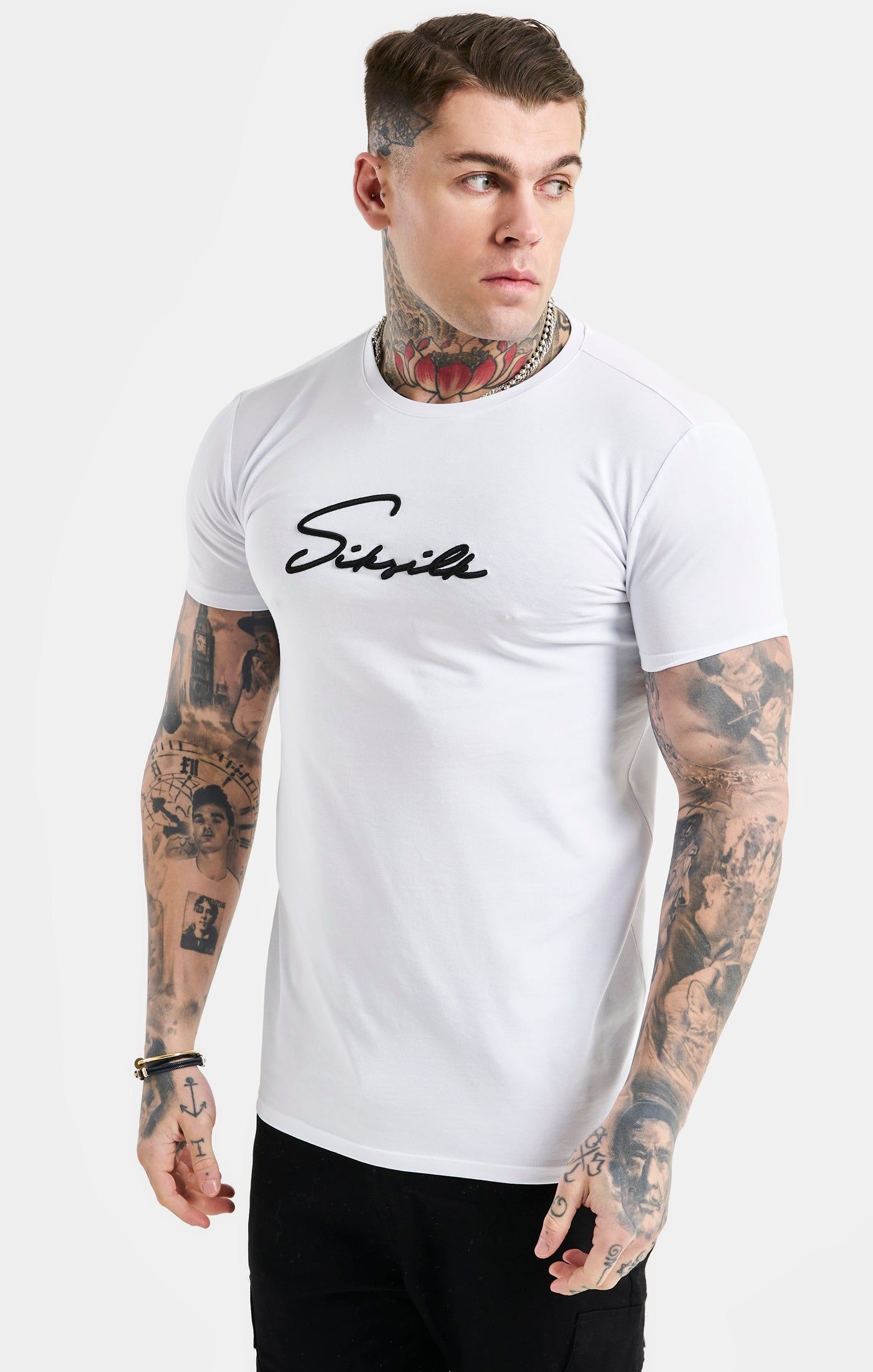 White Script Embroidery Muscle Fit T-Shirt sold by Siksilk