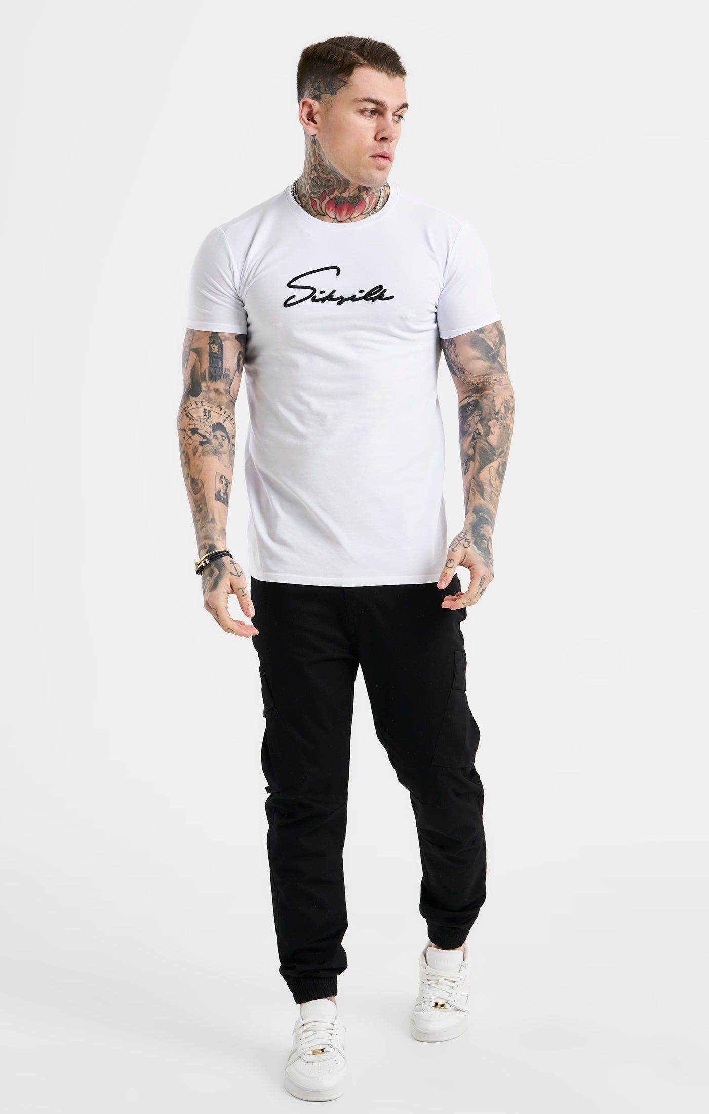 White Script Embroidery Muscle Fit T-Shirt sold by Siksilk product image thumbnail 3