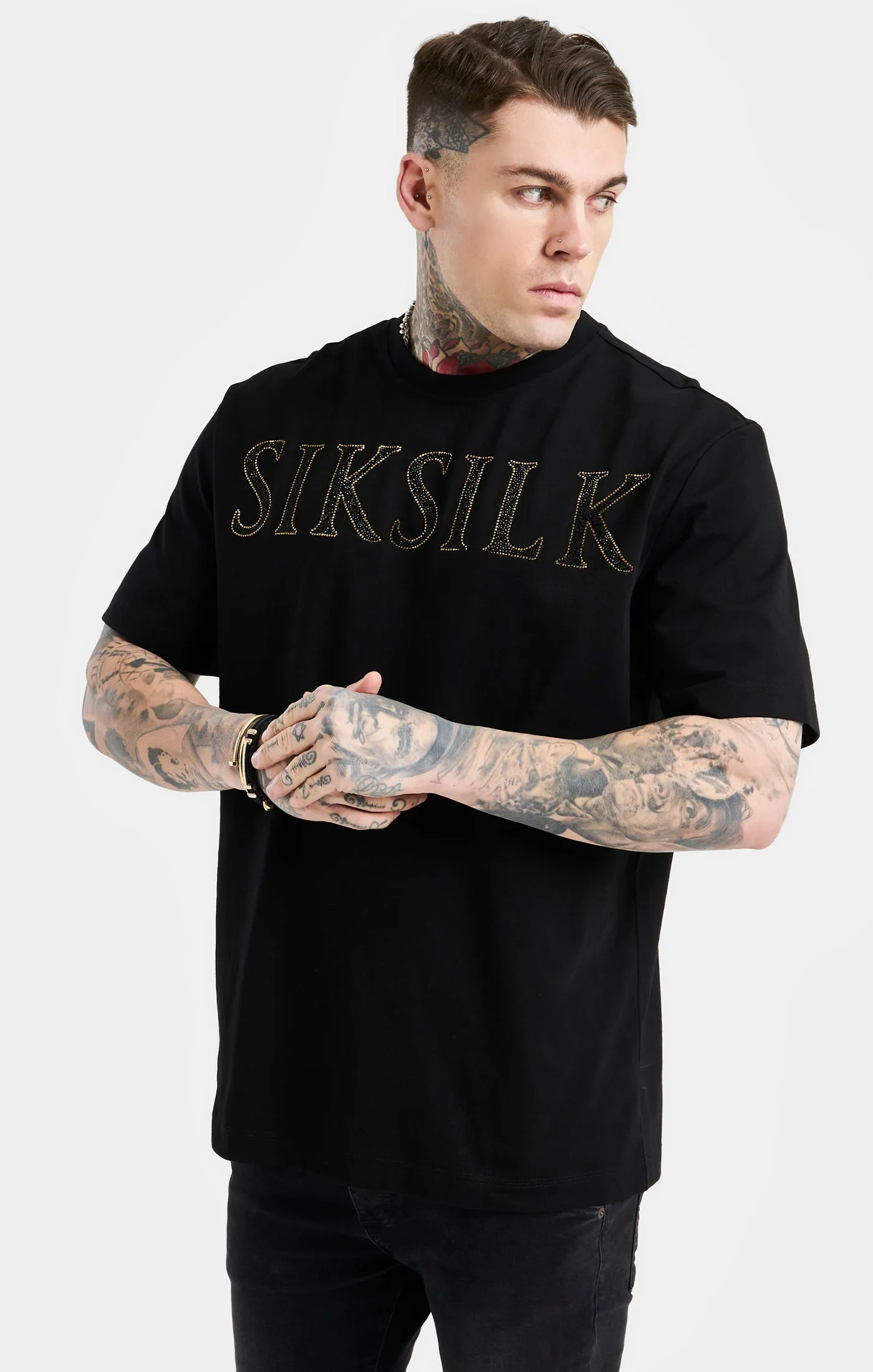 Black Oversized Rhinestone Logo T-Shirt sold by Siksilk
