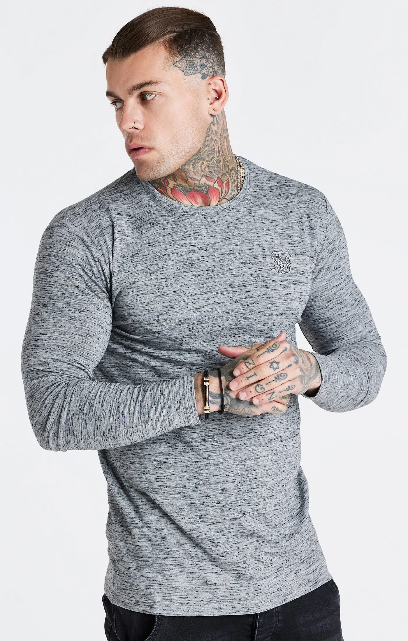 Grey Marl Long Sleeve Muscle Fit T-Shirt sold by Siksilk