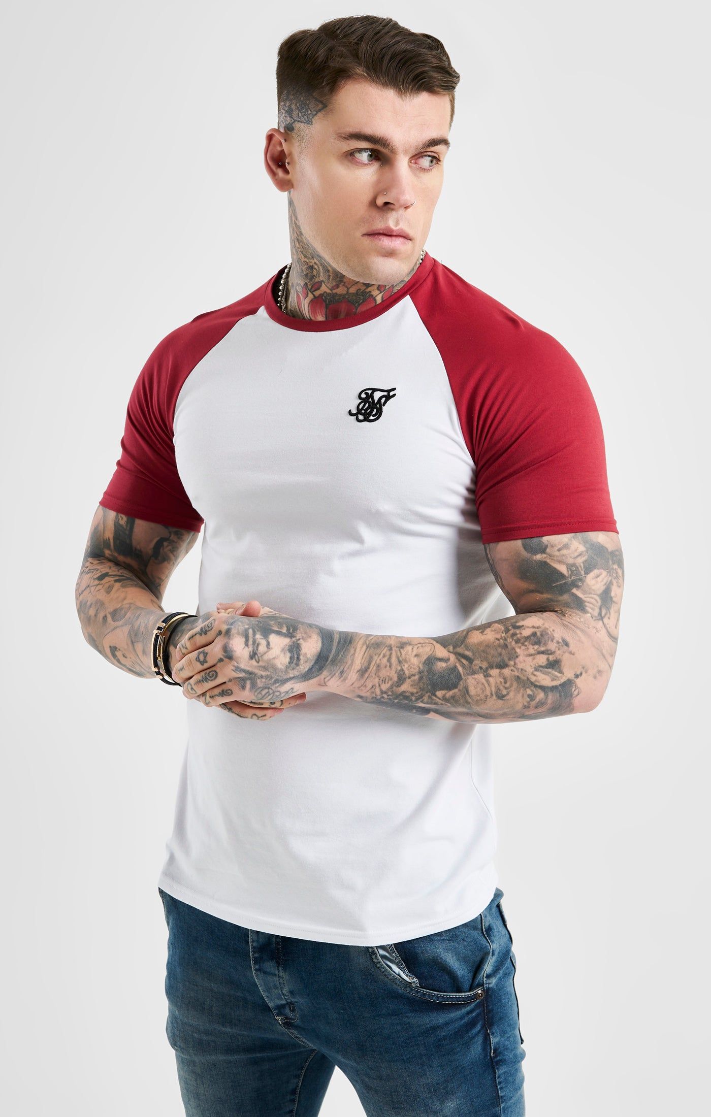 White Raglan Muscle Fit T-Shirt sold by Siksilk