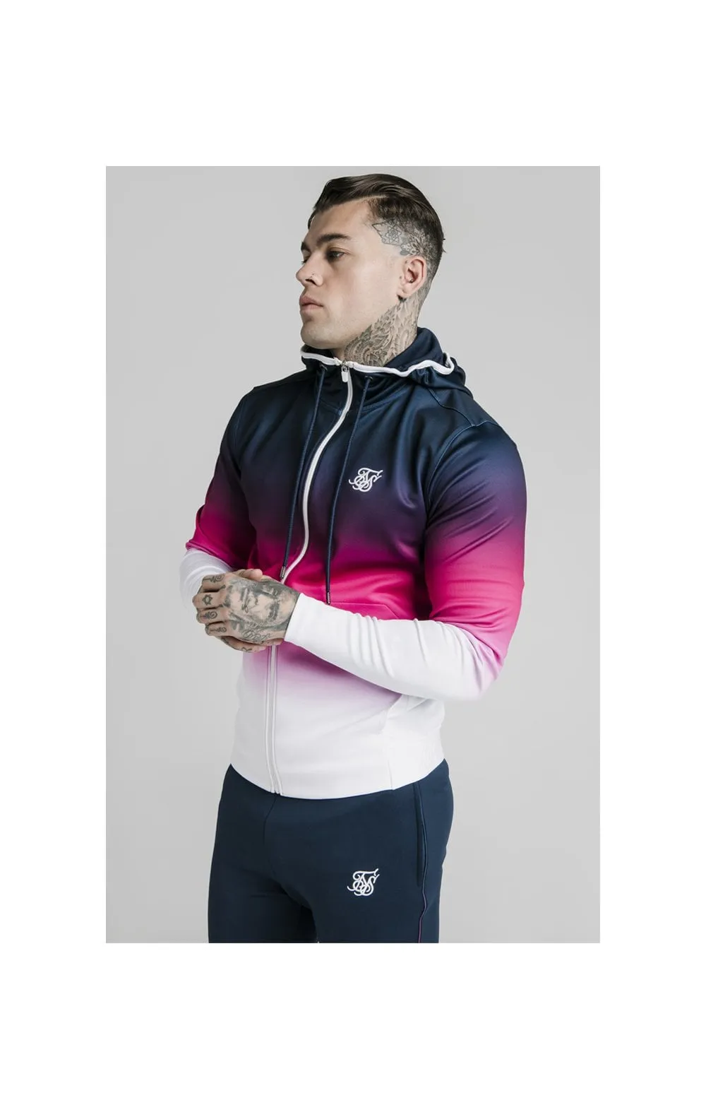 SikSilk Tri-Fade Agility Zip Through Hoodie - Navy,Pink & White sold by Siksilk