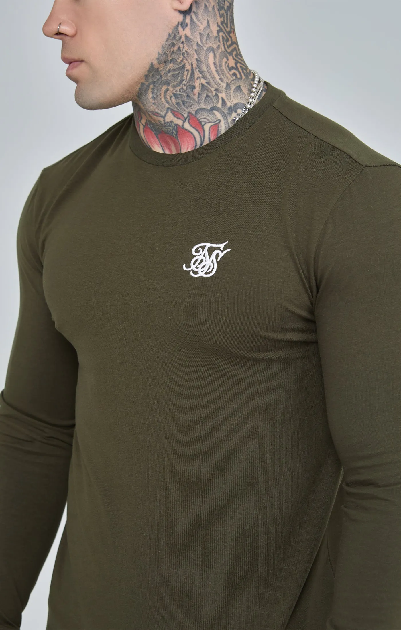 Khaki Essential Long Sleeve Muscle Fit T-Shirt sold by Siksilk product image thumbnail 3