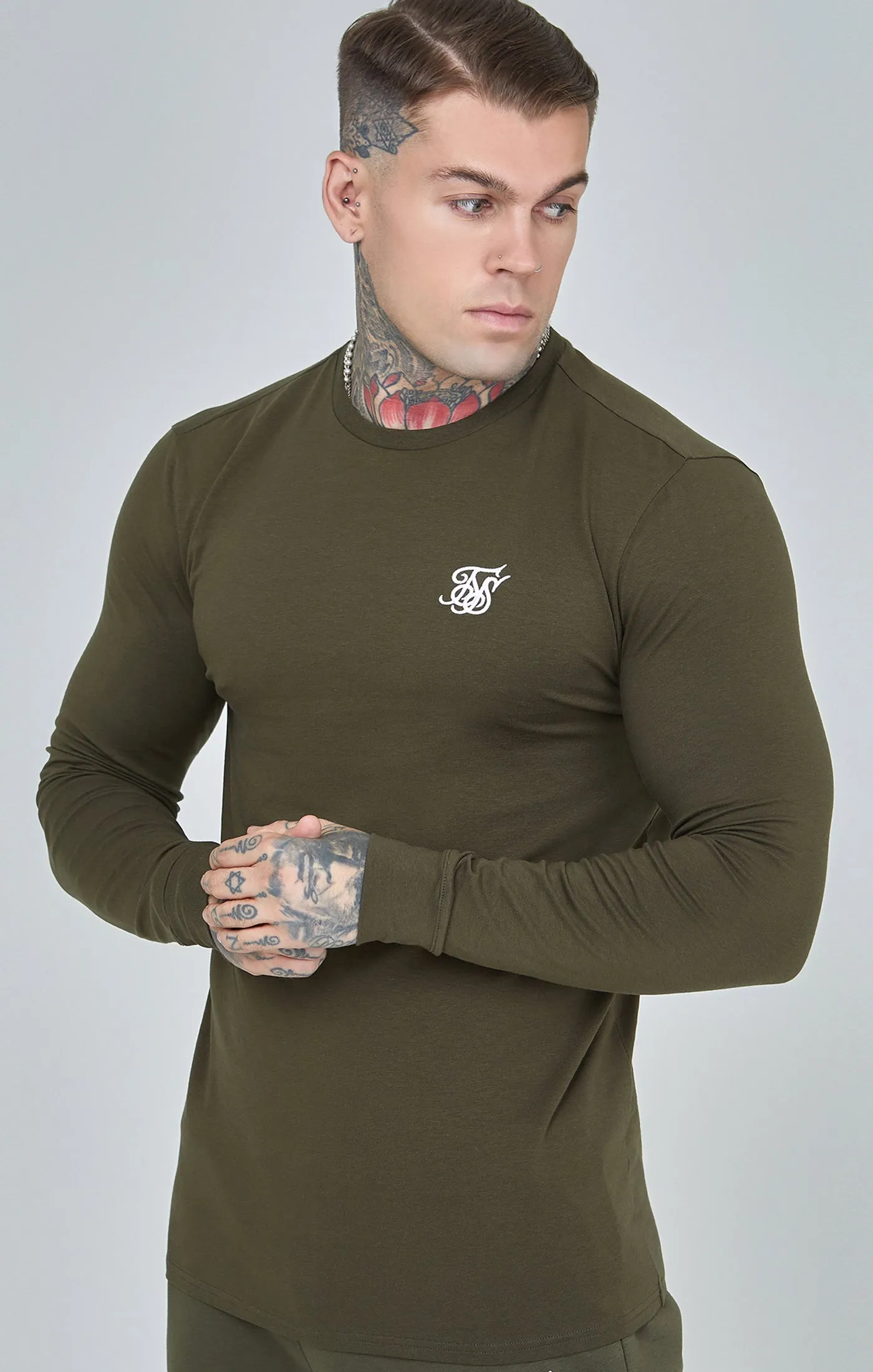 Khaki Essential Long Sleeve Muscle Fit T-Shirt sold by Siksilk