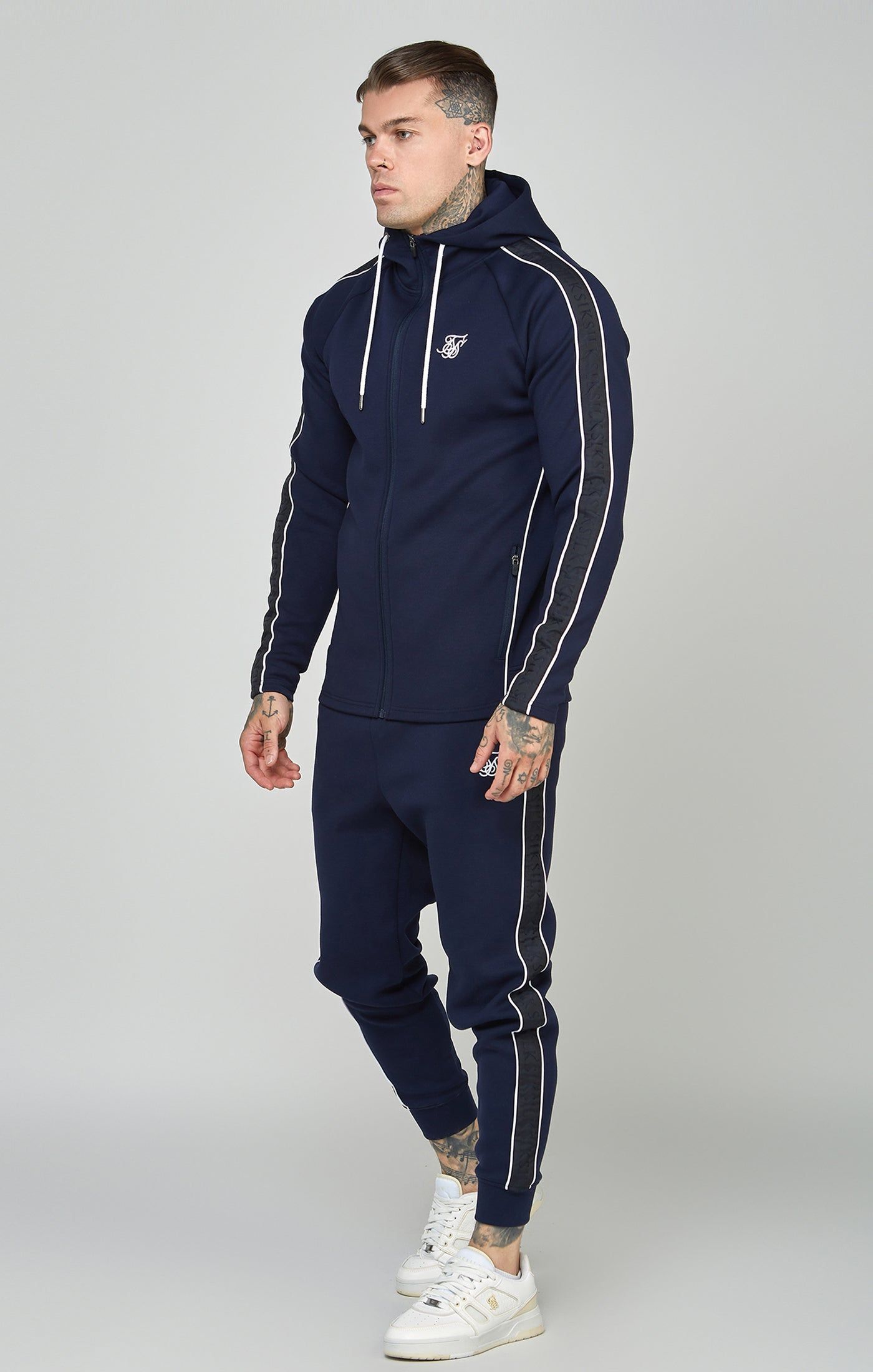 Navy Taped Zip Thru Hoodie & Jogger Set sold by Siksilk
