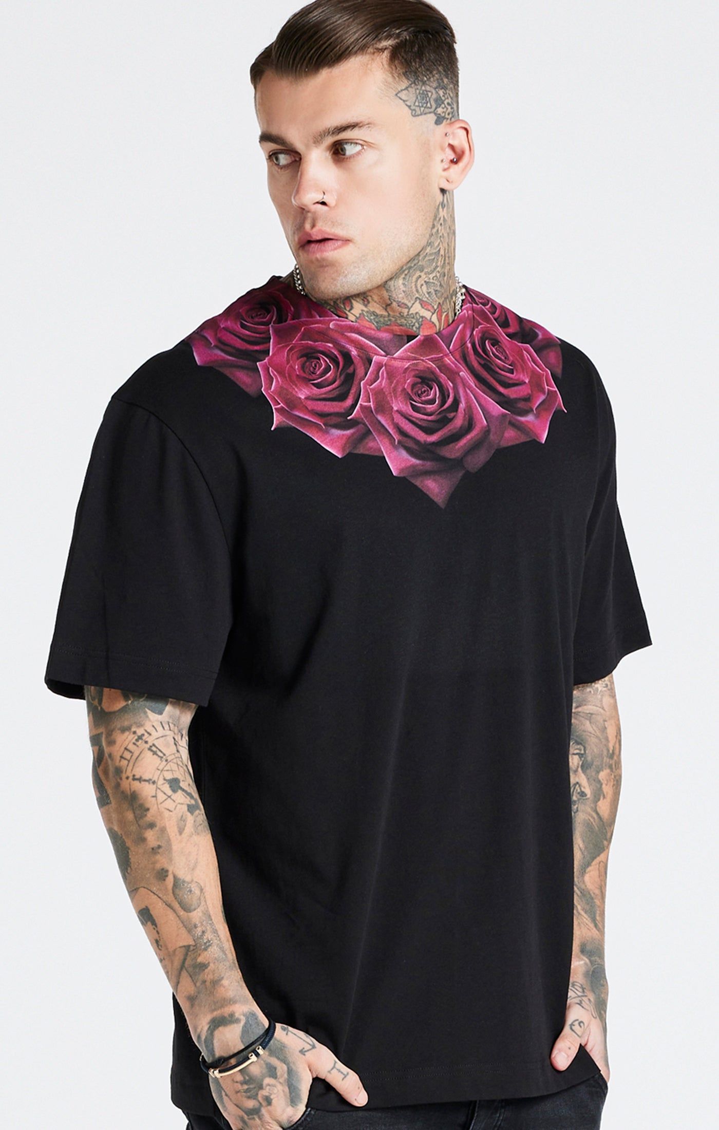 Black Relaxed Fit Rose T-Shirt sold by Siksilk