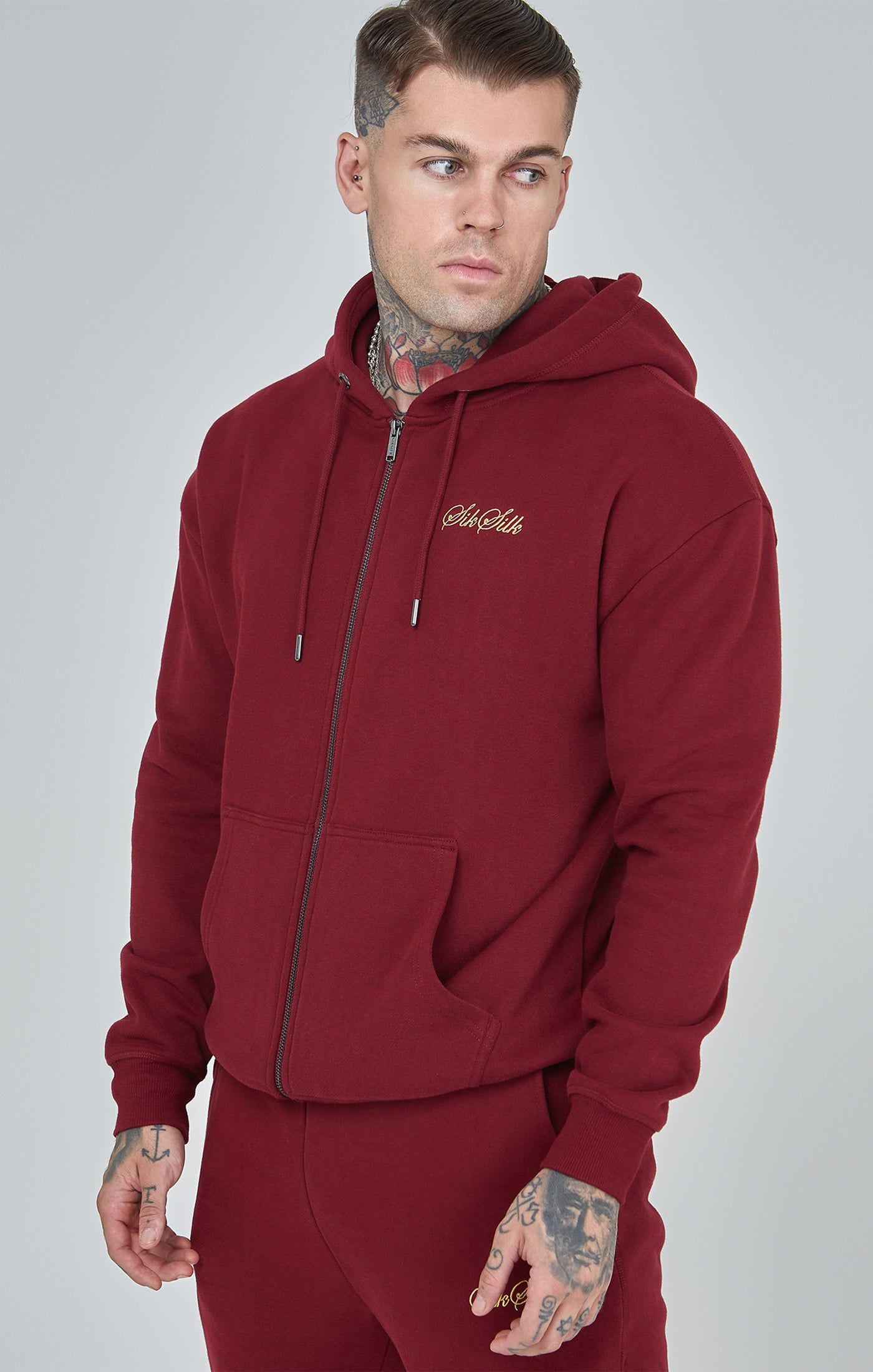 Burgundy Script Logo Relaxed Fit Zip Thru Hoodie sold by Siksilk