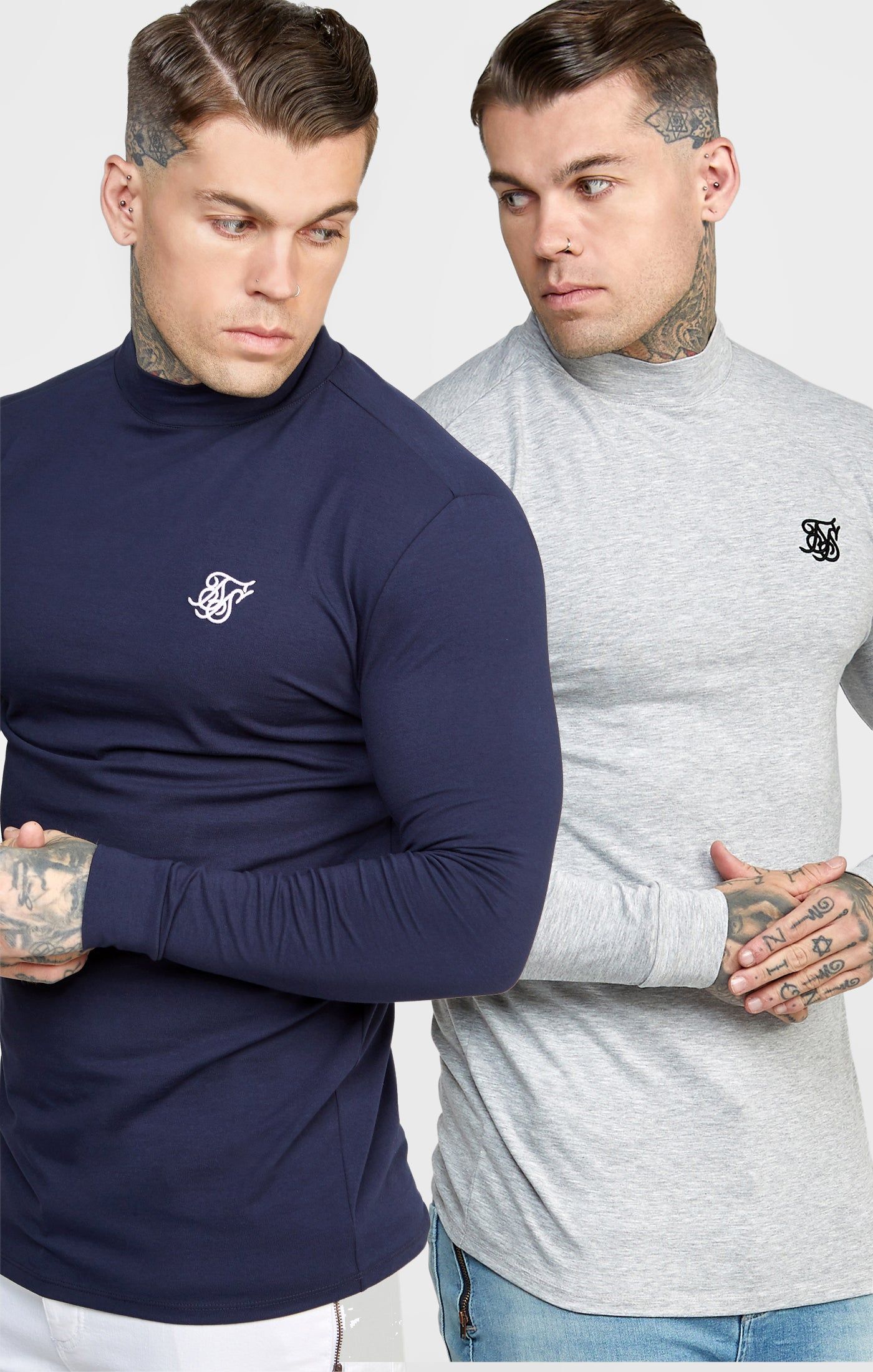 Navy Twin Pack Long Sleeve High Neck Muscle Fit T-Shirt sold by Siksilk