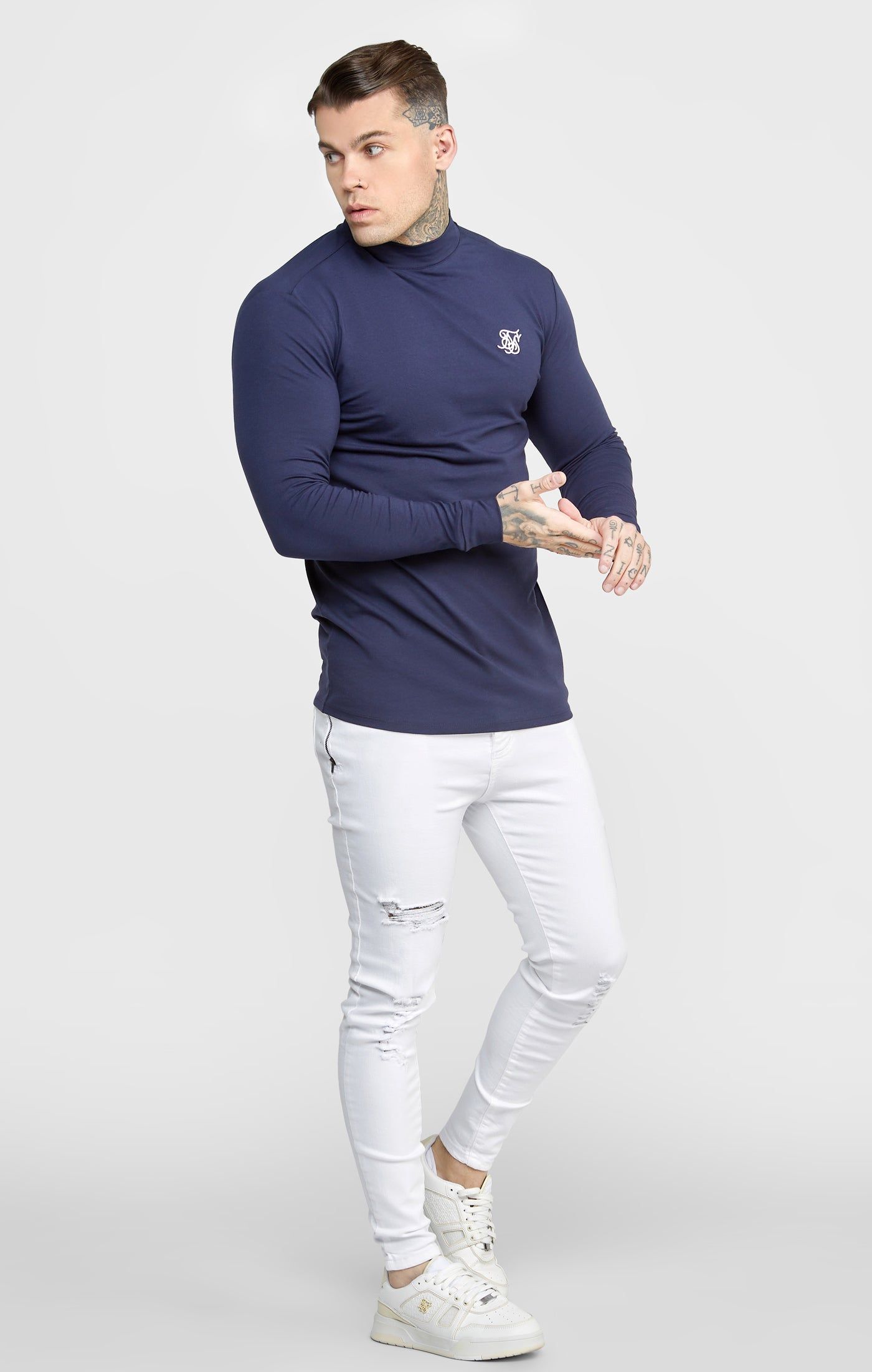 Navy Twin Pack Long Sleeve High Neck Muscle Fit T-Shirt sold by Siksilk product image thumbnail 4