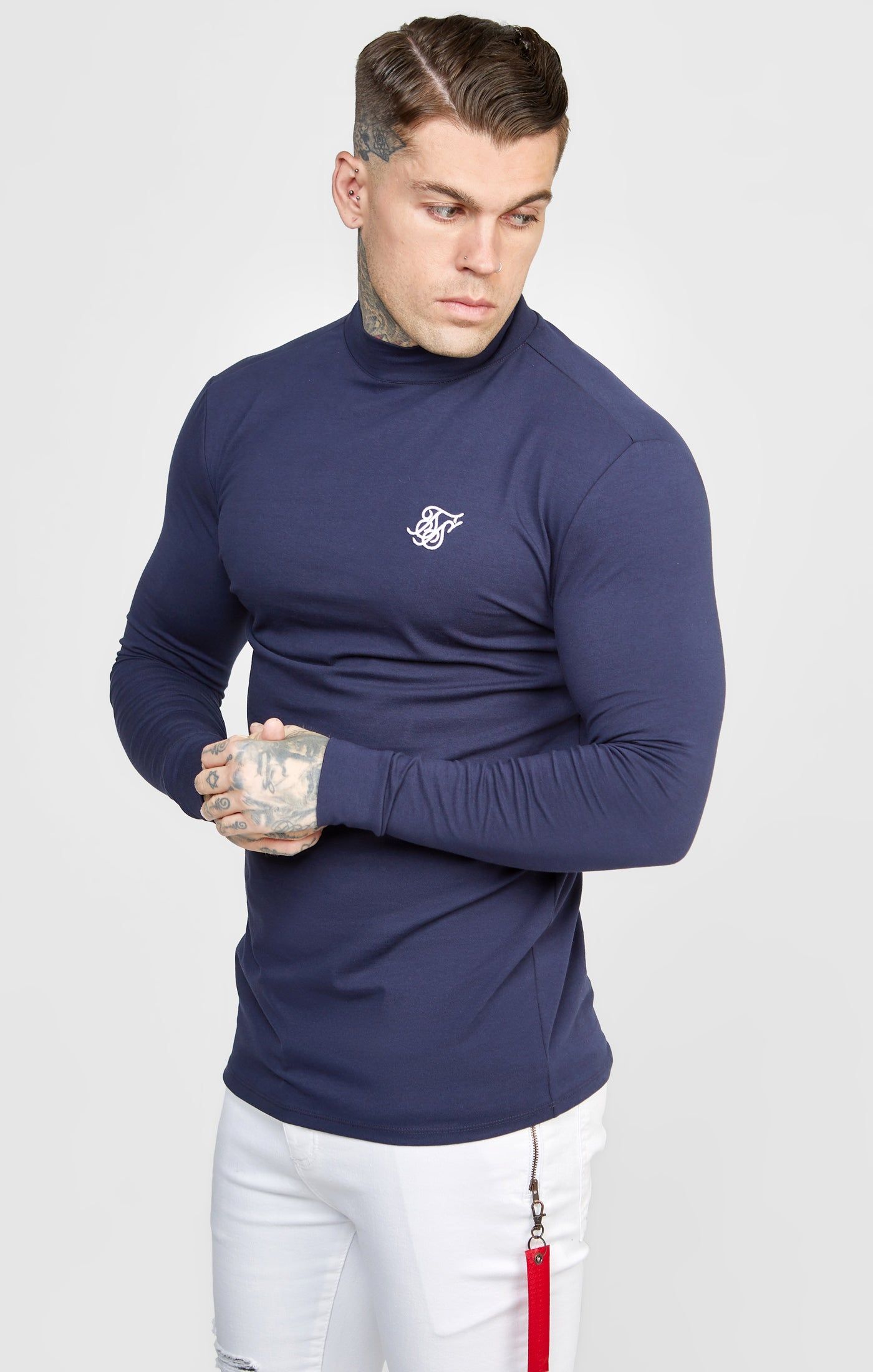 Navy Twin Pack Long Sleeve High Neck Muscle Fit T-Shirt sold by Siksilk product image thumbnail 2