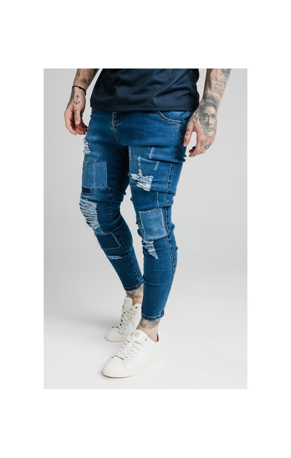 SikSilk Skinny Distressed Patch Jeans - Midstone sold by Siksilk