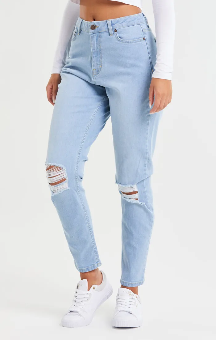 Light Blue Knee Rip Denim Mom Jean sold by Siksilk