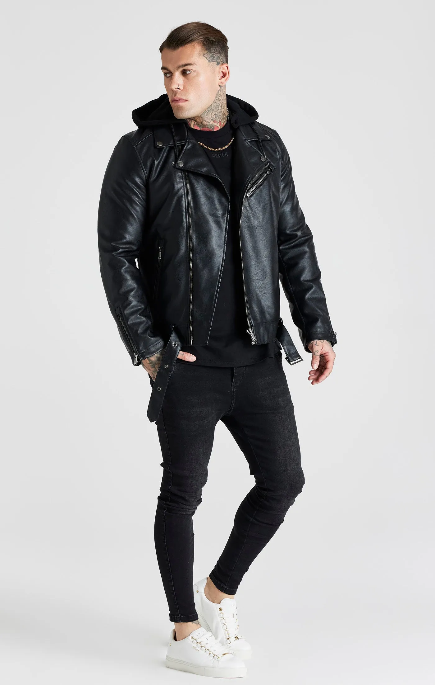 Black Hooded Biker Jacket sold by Siksilk product image thumbnail 3