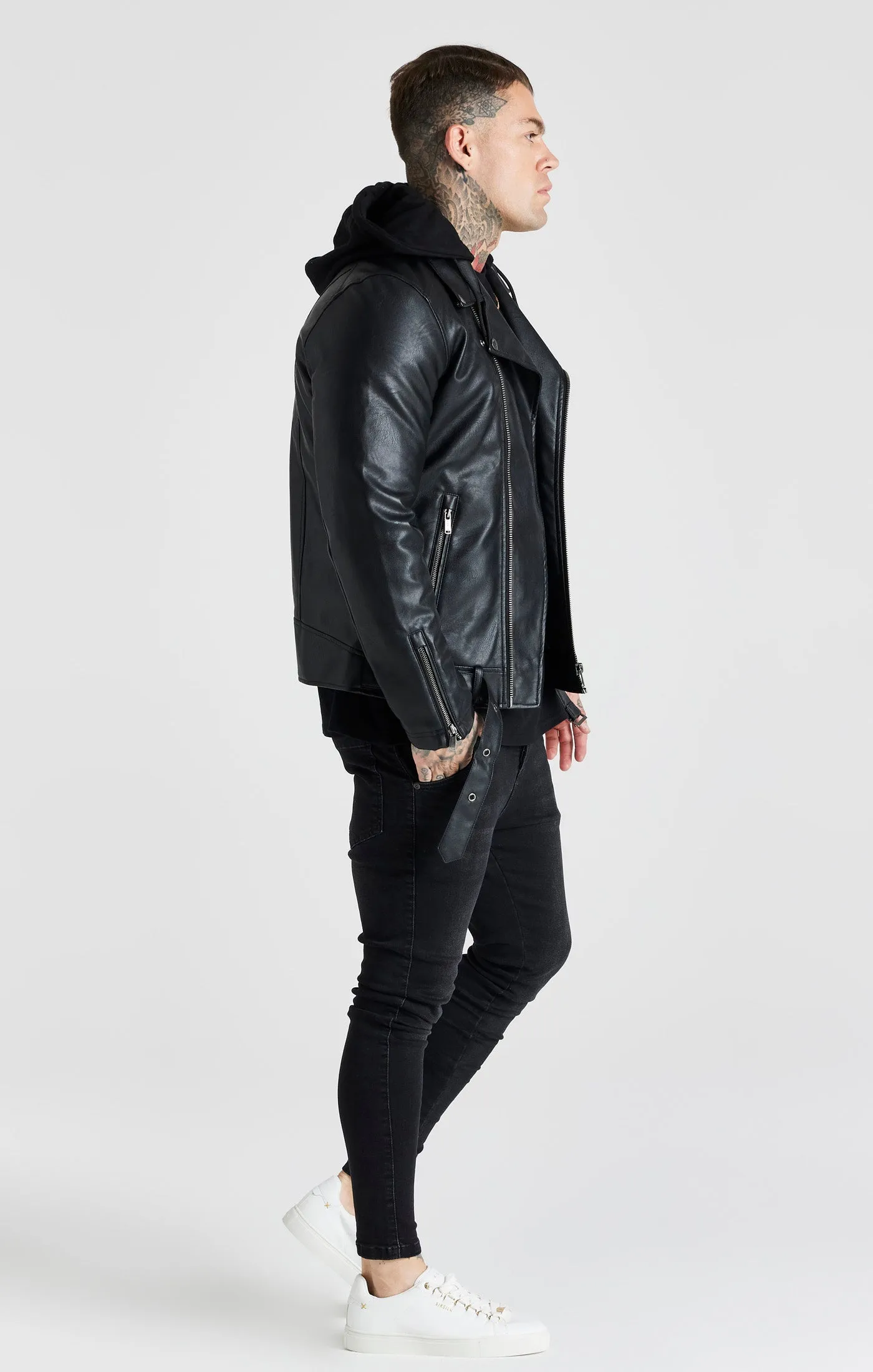 Black Hooded Biker Jacket sold by Siksilk product image thumbnail 4