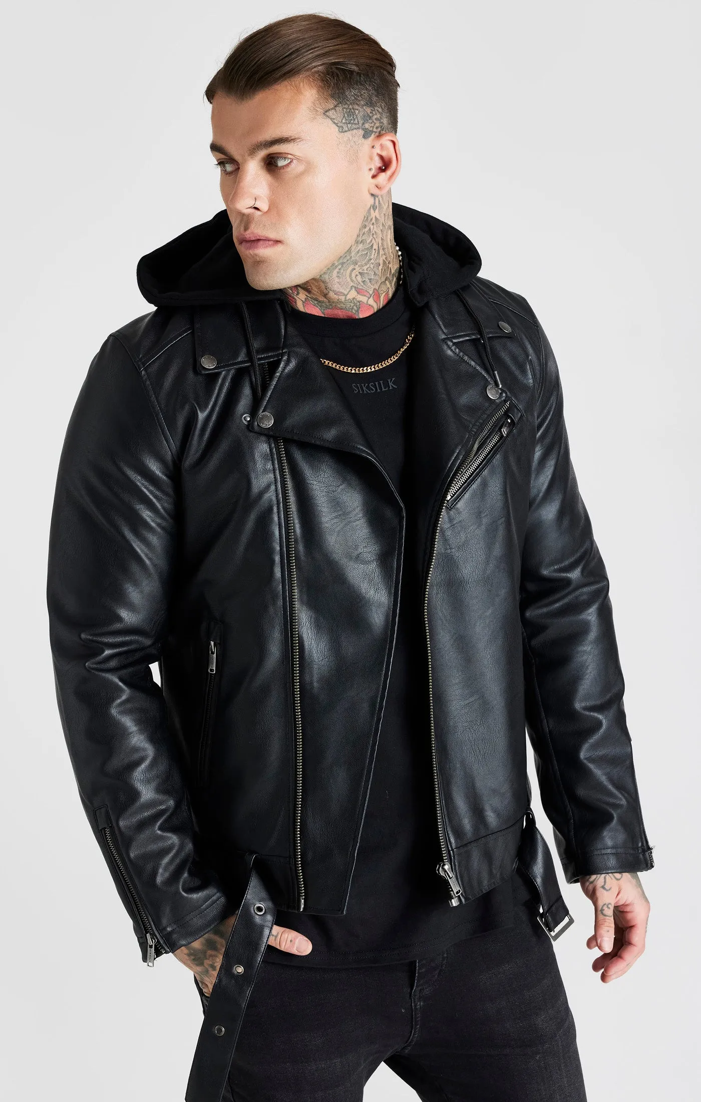 Black Hooded Biker Jacket sold by Siksilk