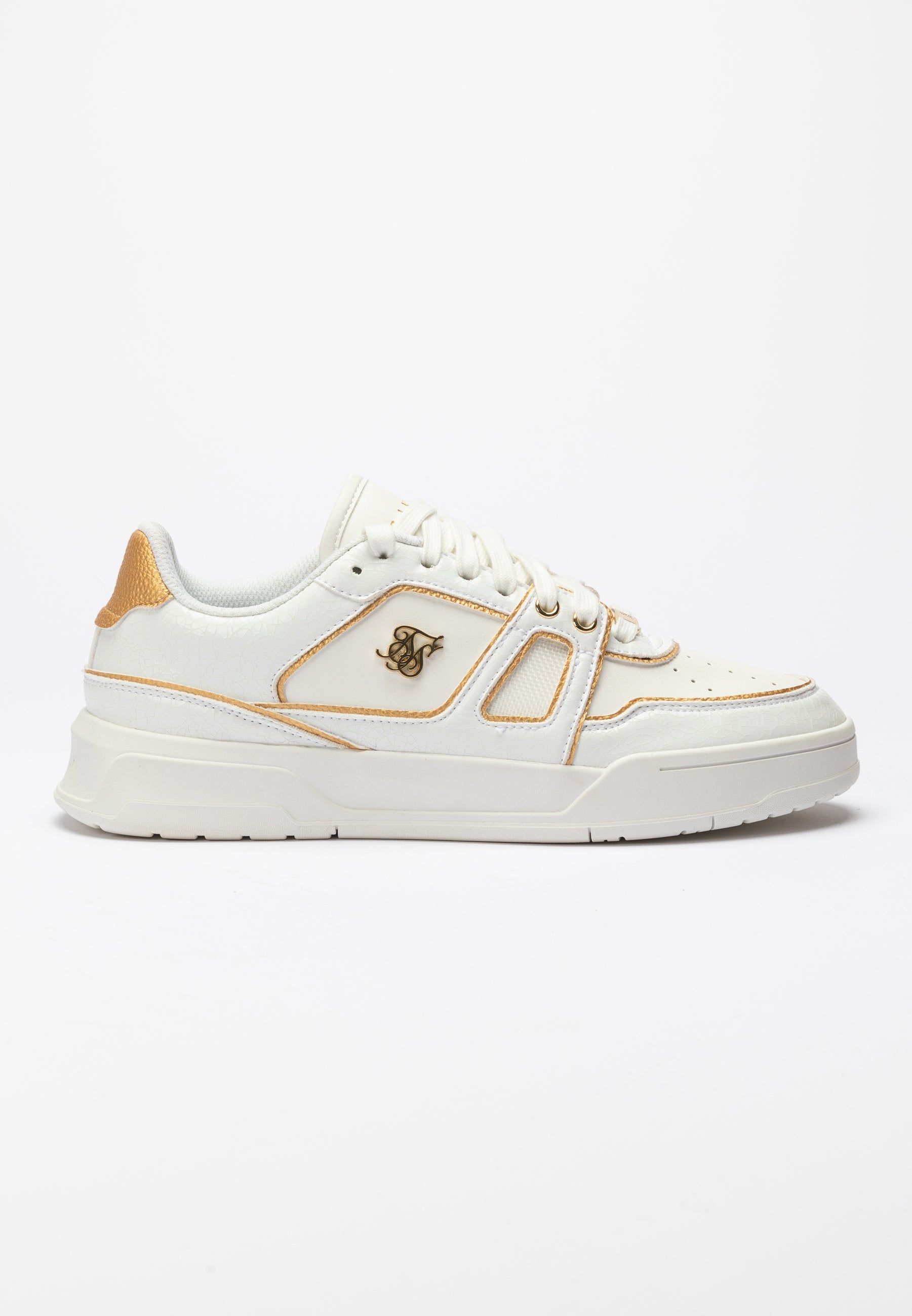 White And Gold Trimmed Low Top Court Trainer sold by Siksilk