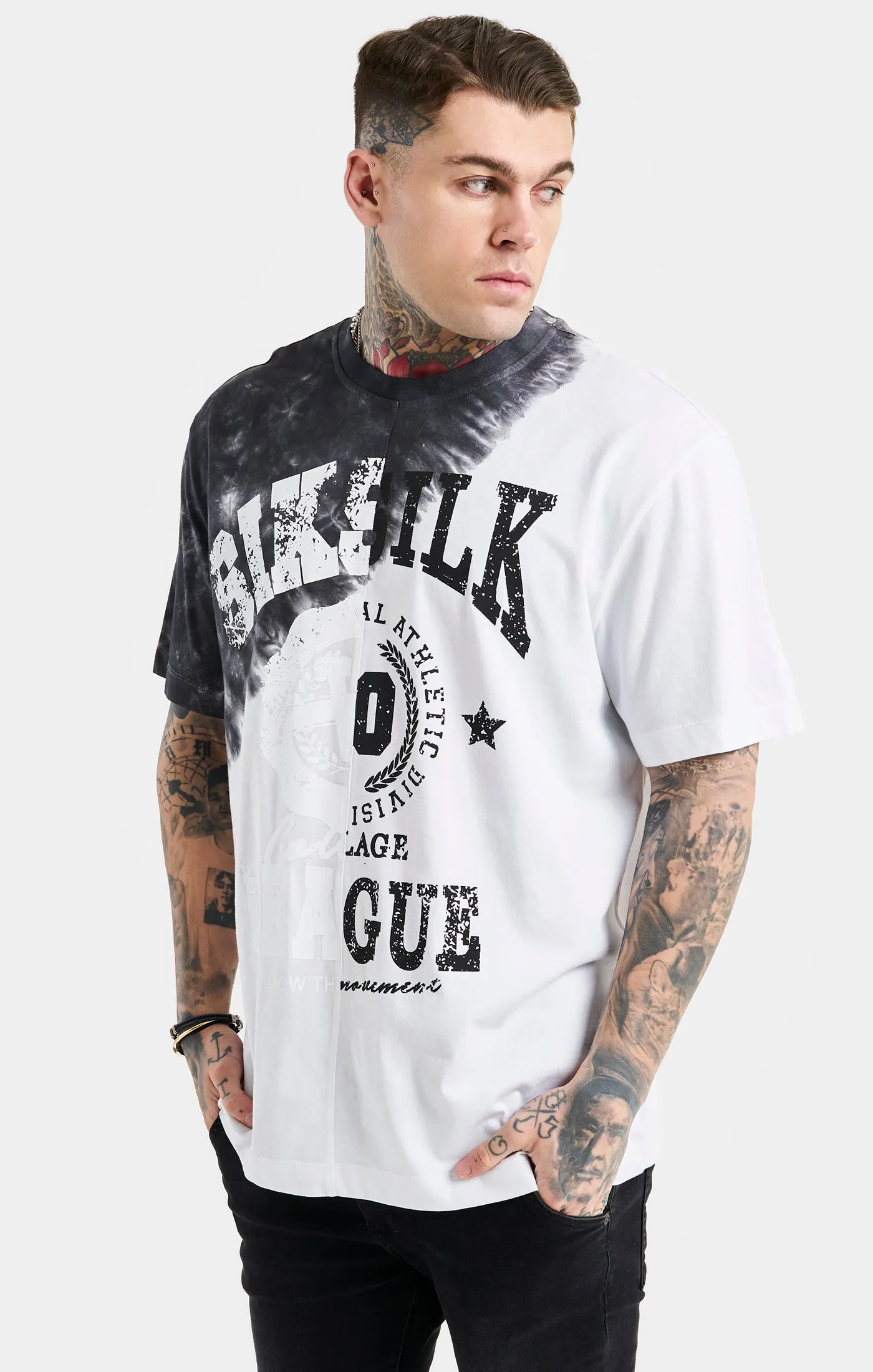 SikSilk Oversized Cut & Sew Varsity T-Shirt - Ecru & Black sold by Siksilk