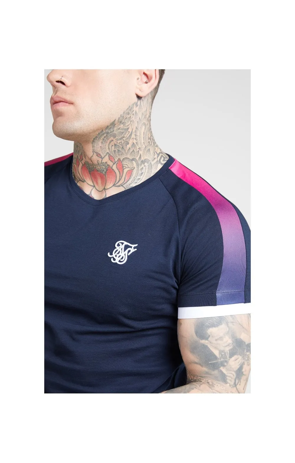SikSilk S/S Inset Cuff Fade Panel Tech Tee – Navy & Neon Fade sold by Siksilk