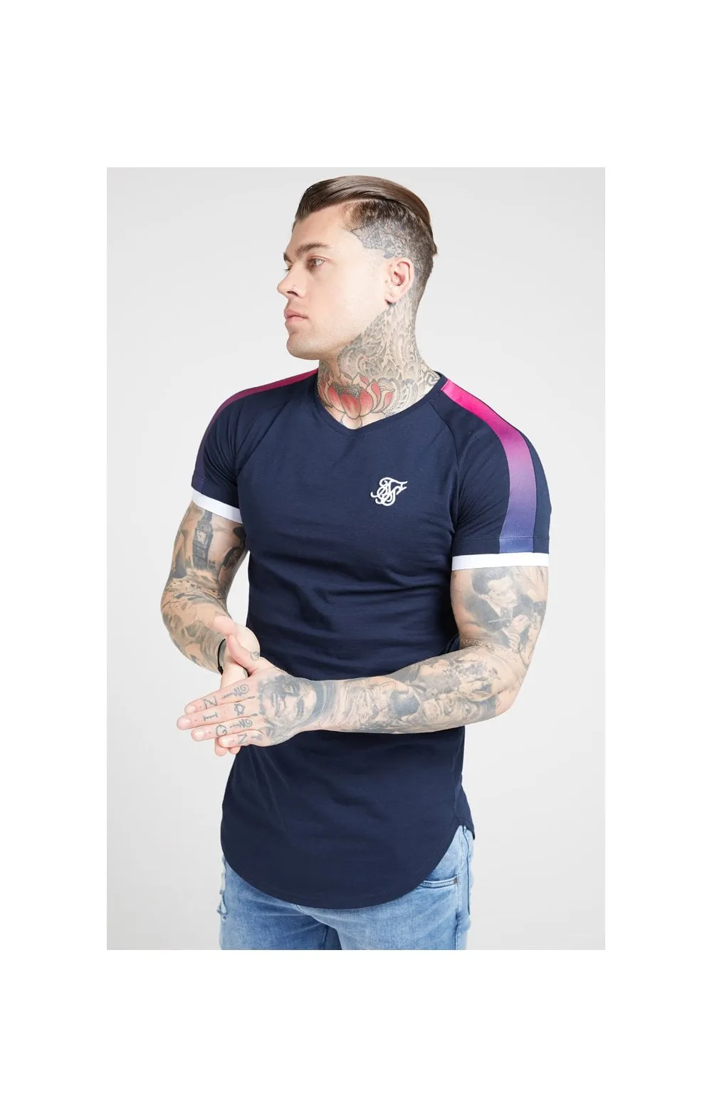 SikSilk S/S Inset Cuff Fade Panel Tech Tee – Navy & Neon Fade sold by Siksilk product image thumbnail 2