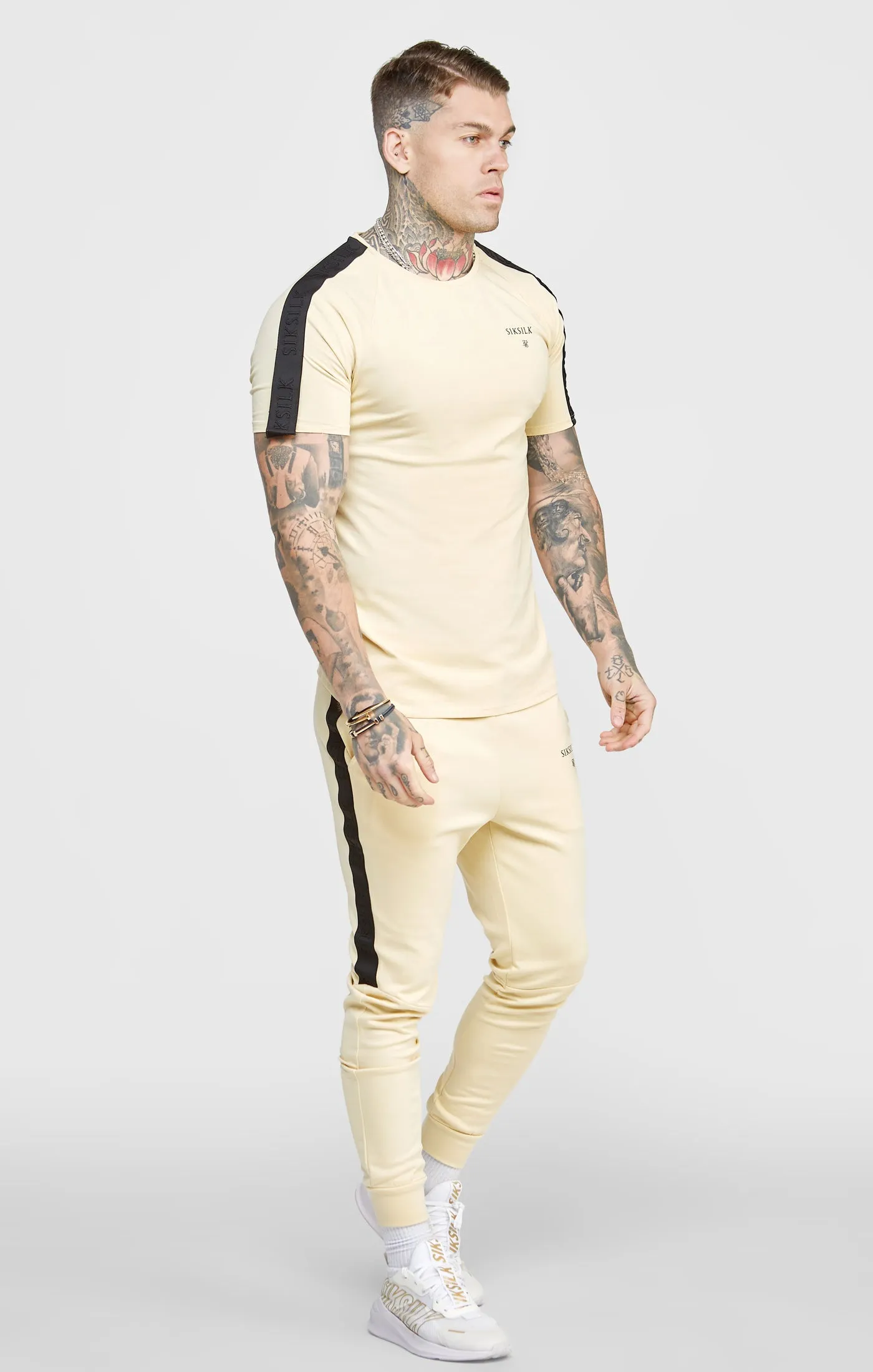 Beige Taped Muscle Fit T-Shirt sold by Siksilk product image thumbnail 4