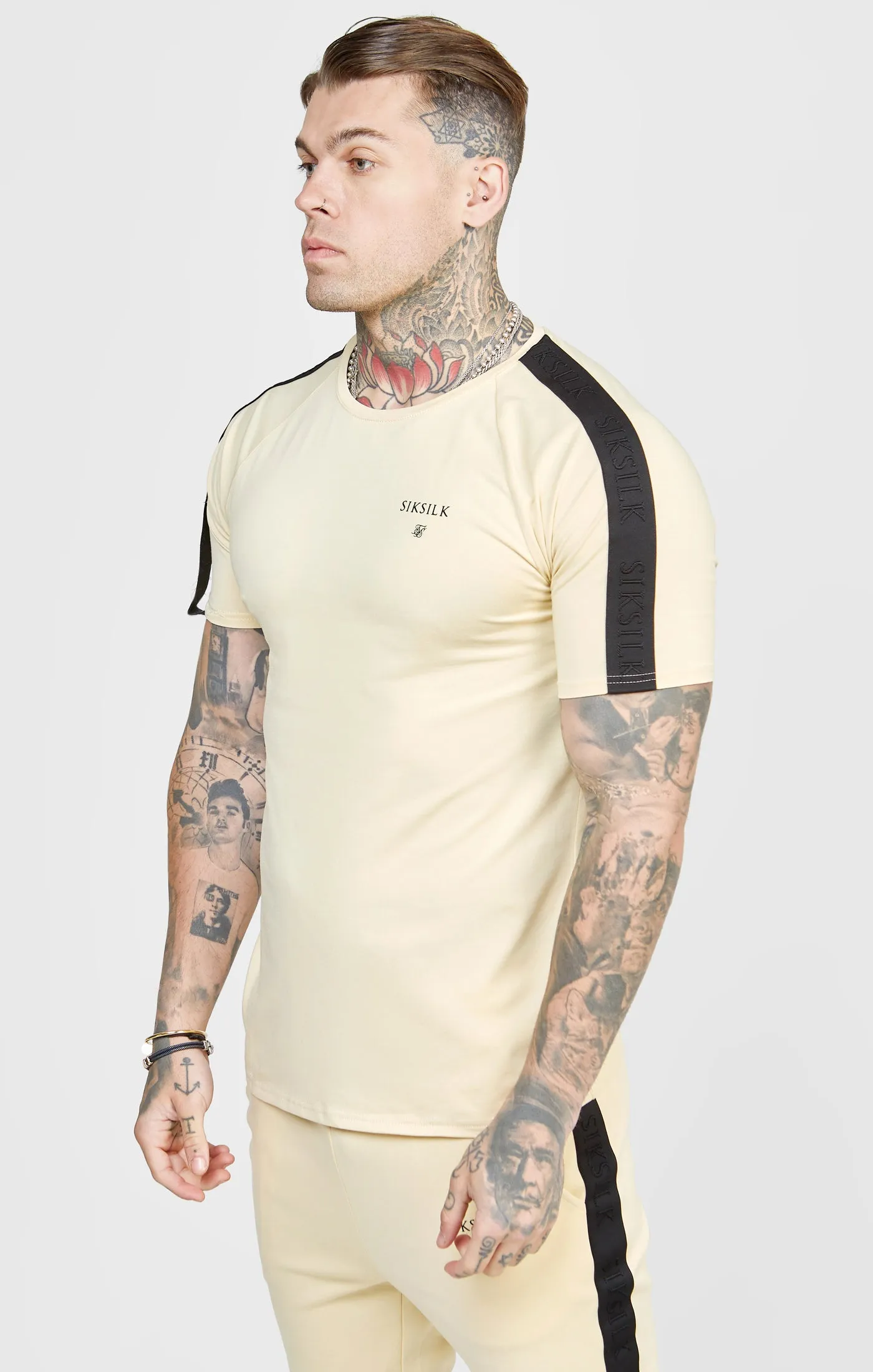 Beige Taped Muscle Fit T-Shirt sold by Siksilk