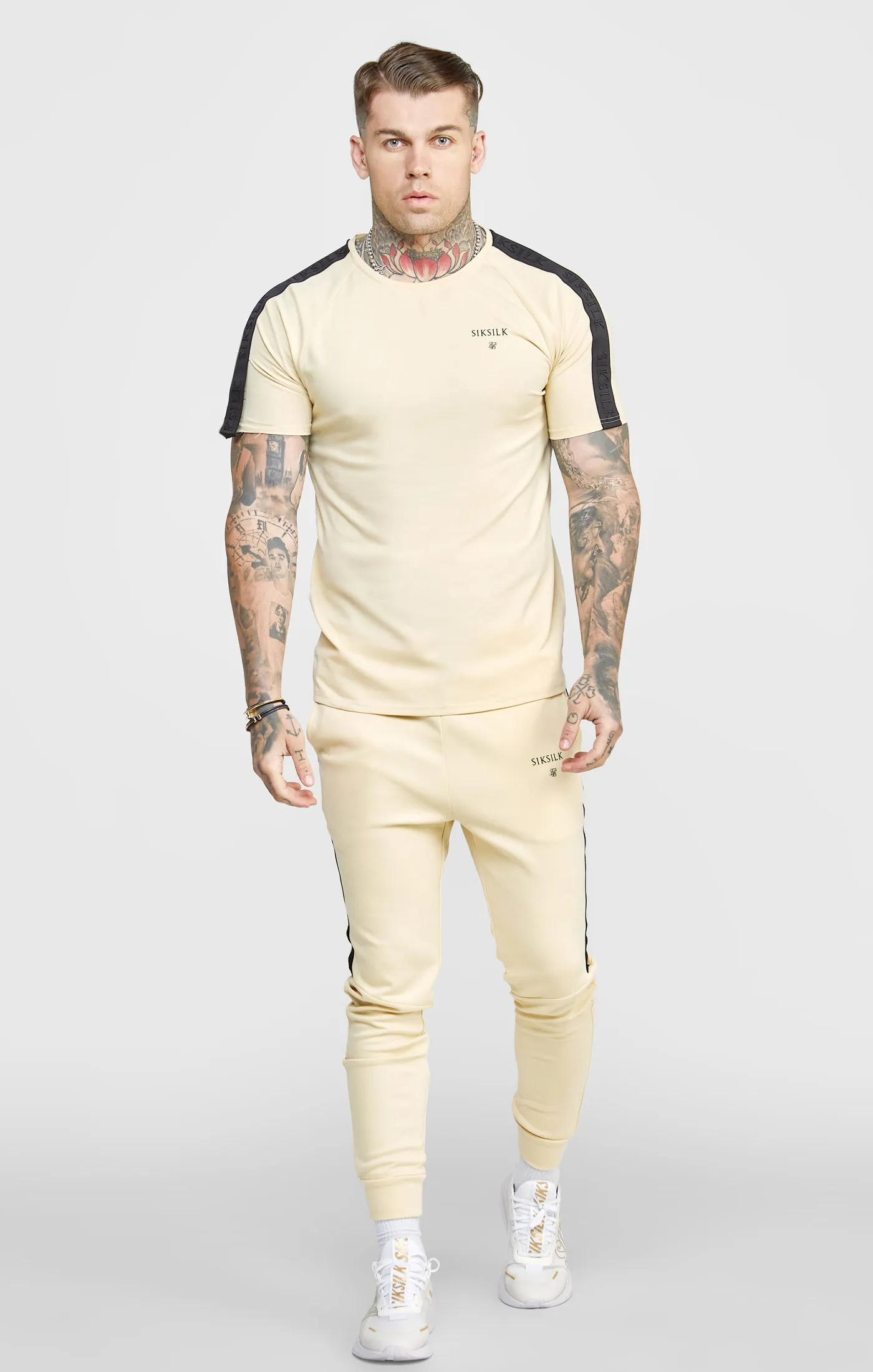 Beige Taped Muscle Fit T-Shirt sold by Siksilk product image thumbnail 3