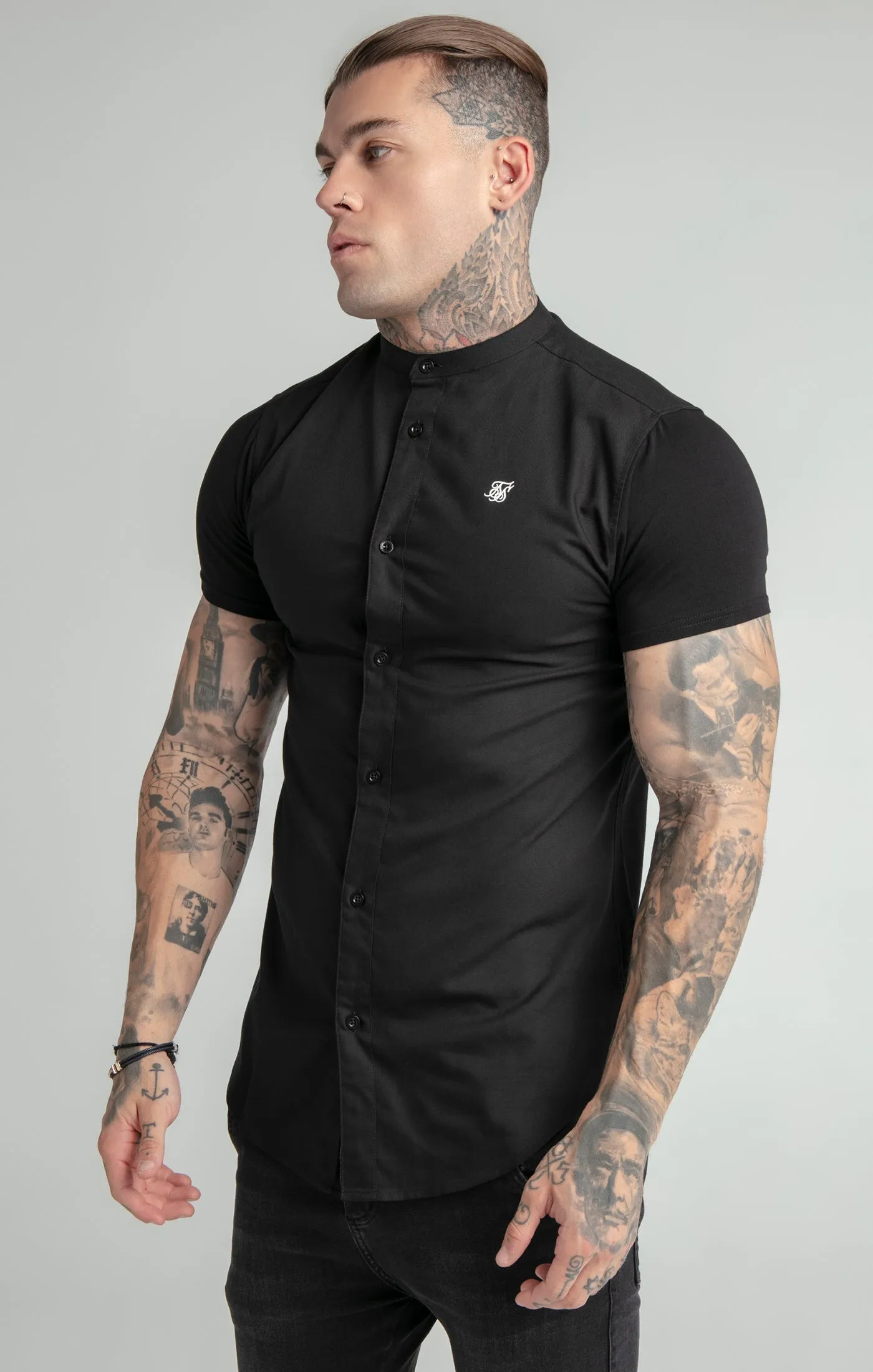 Black Short Sleeve Grandad Collar Shirt sold by Siksilk