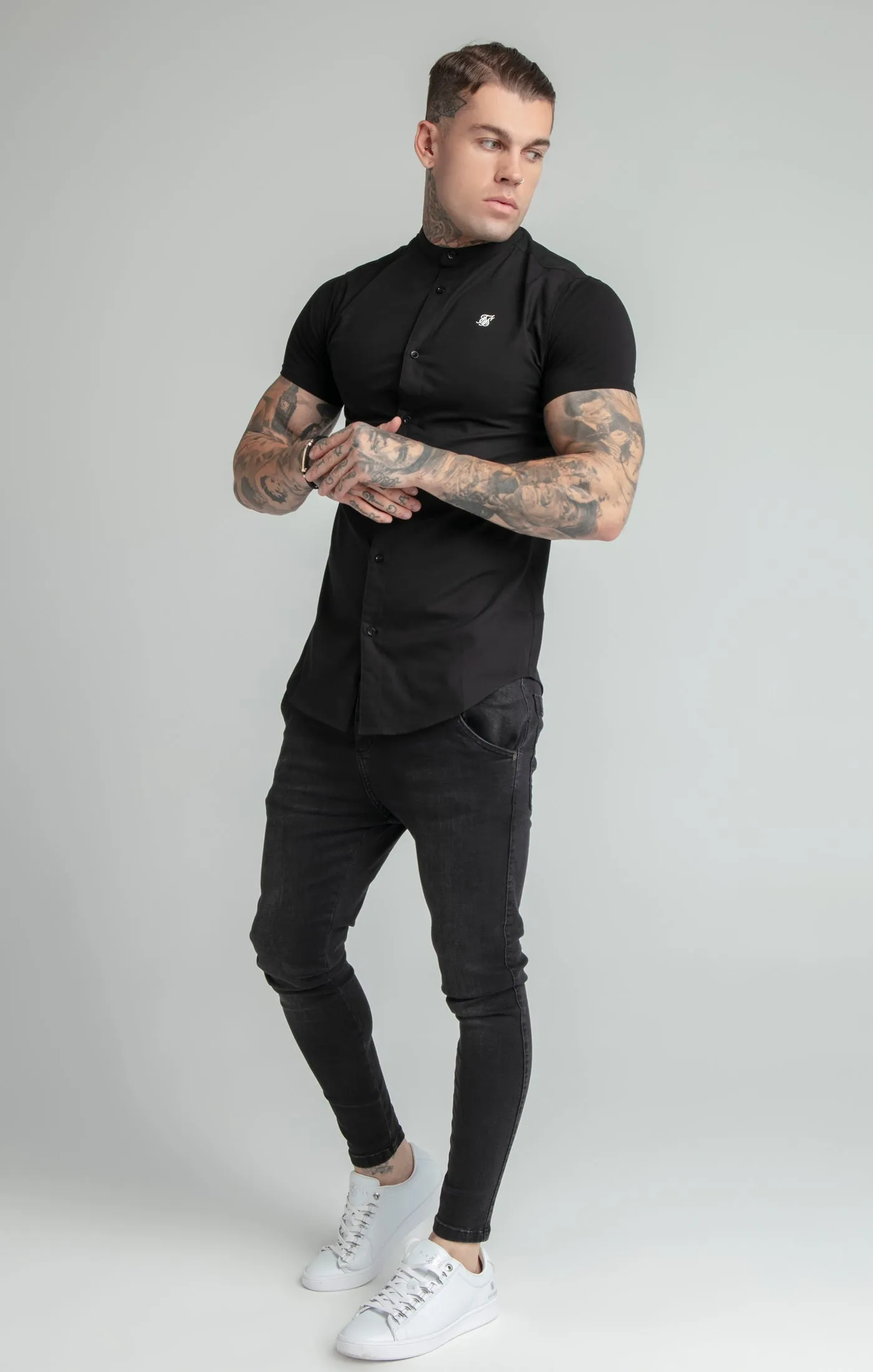 Black Short Sleeve Grandad Collar Shirt sold by Siksilk product image thumbnail 5