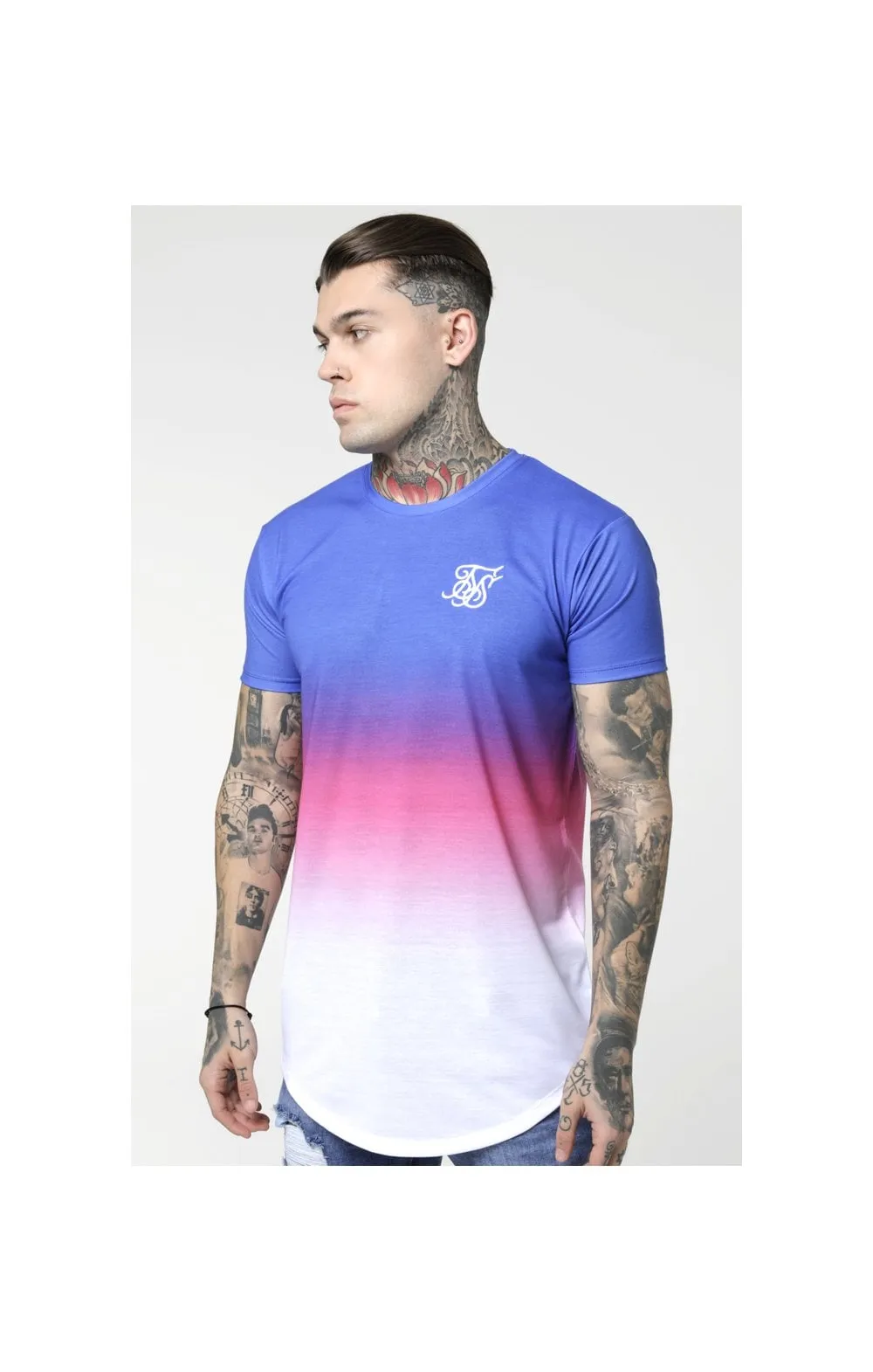 SikSilk Curved Hem Fade Tee - Blue,Pink & White sold by Siksilk