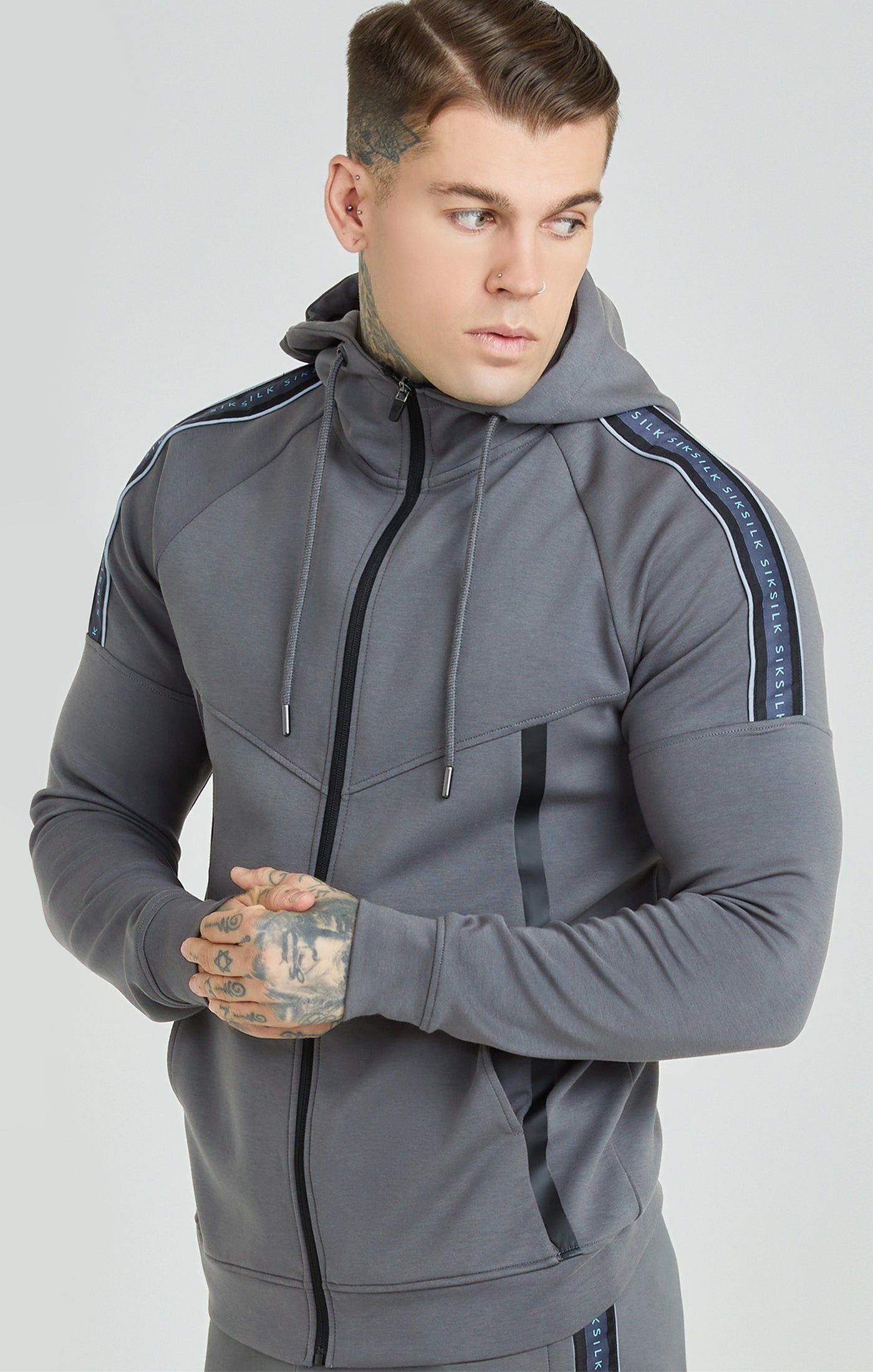 Grey Branded Tape Zip Thru Hoodie sold by Siksilk