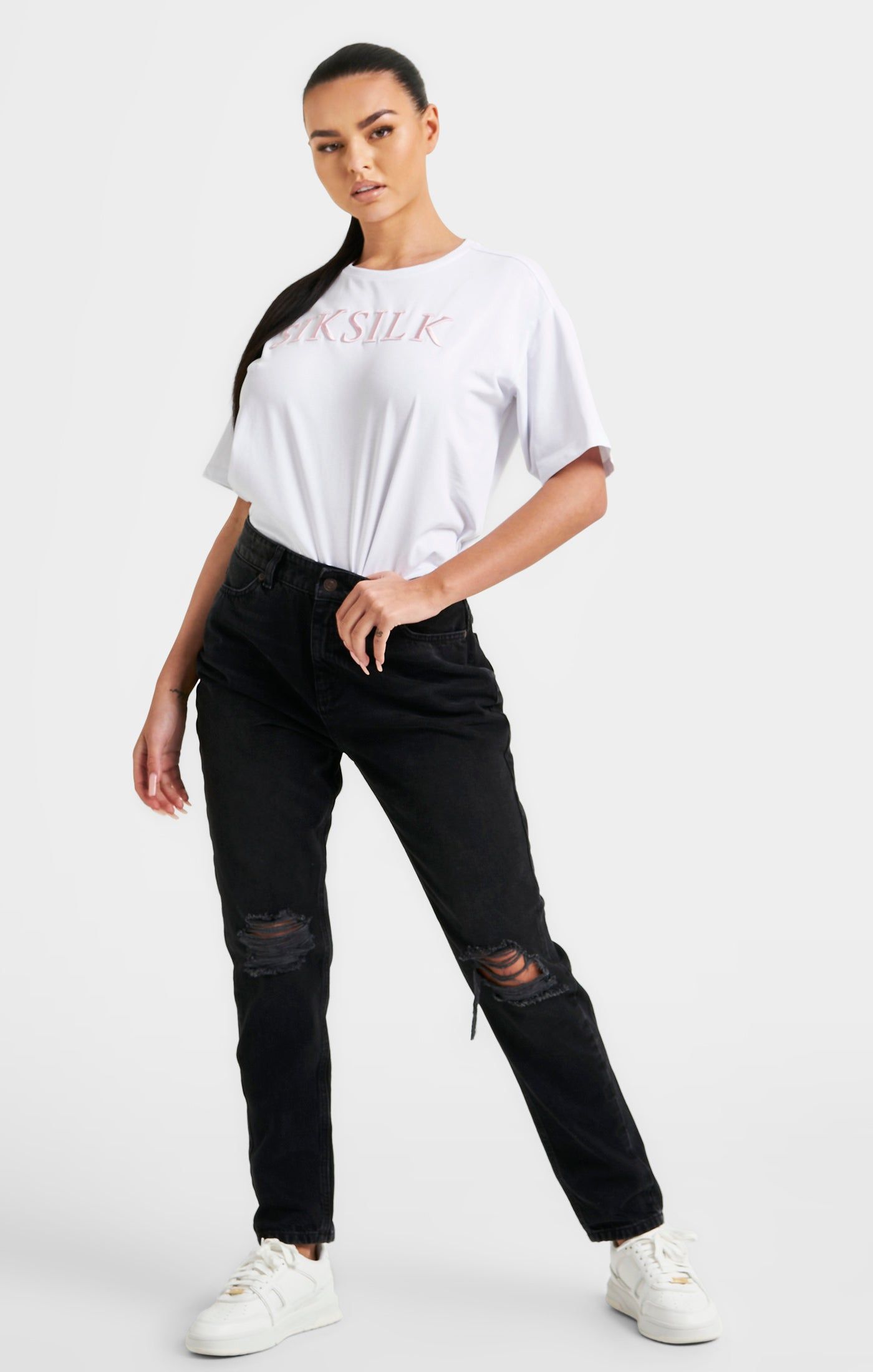 White Embroidered Boyfriend T-Shirt sold by Siksilk product image thumbnail 4