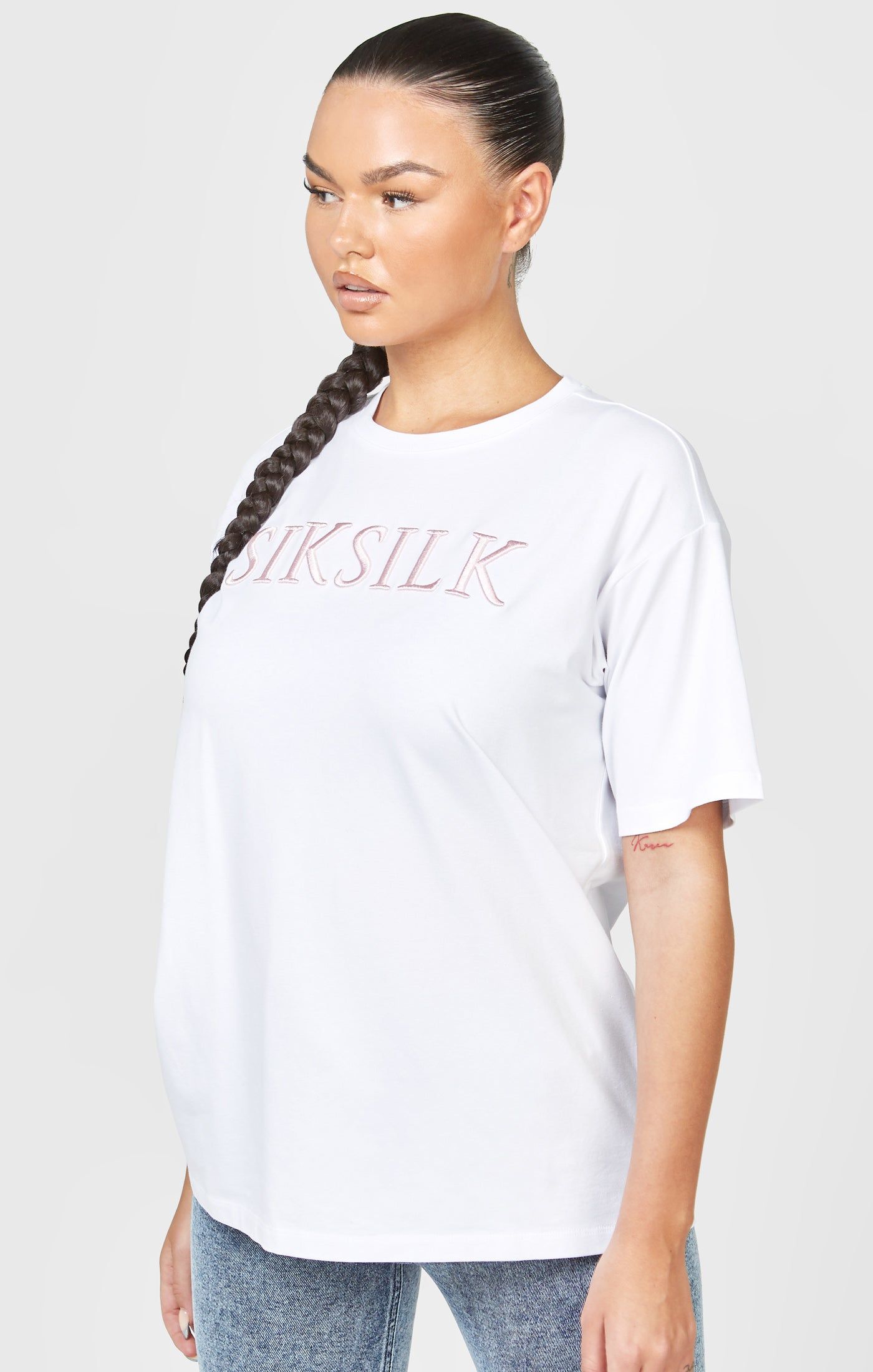 White Embroidered Boyfriend T-Shirt sold by Siksilk