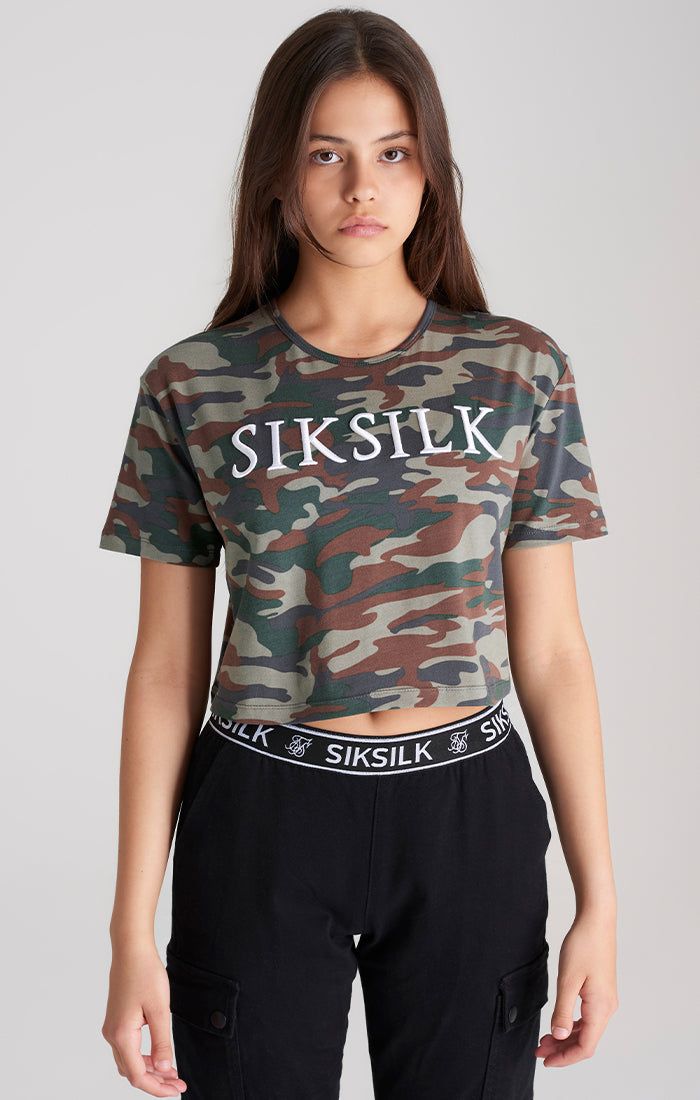 Girls Khaki Camo Cropped T-Shirt sold by Siksilk