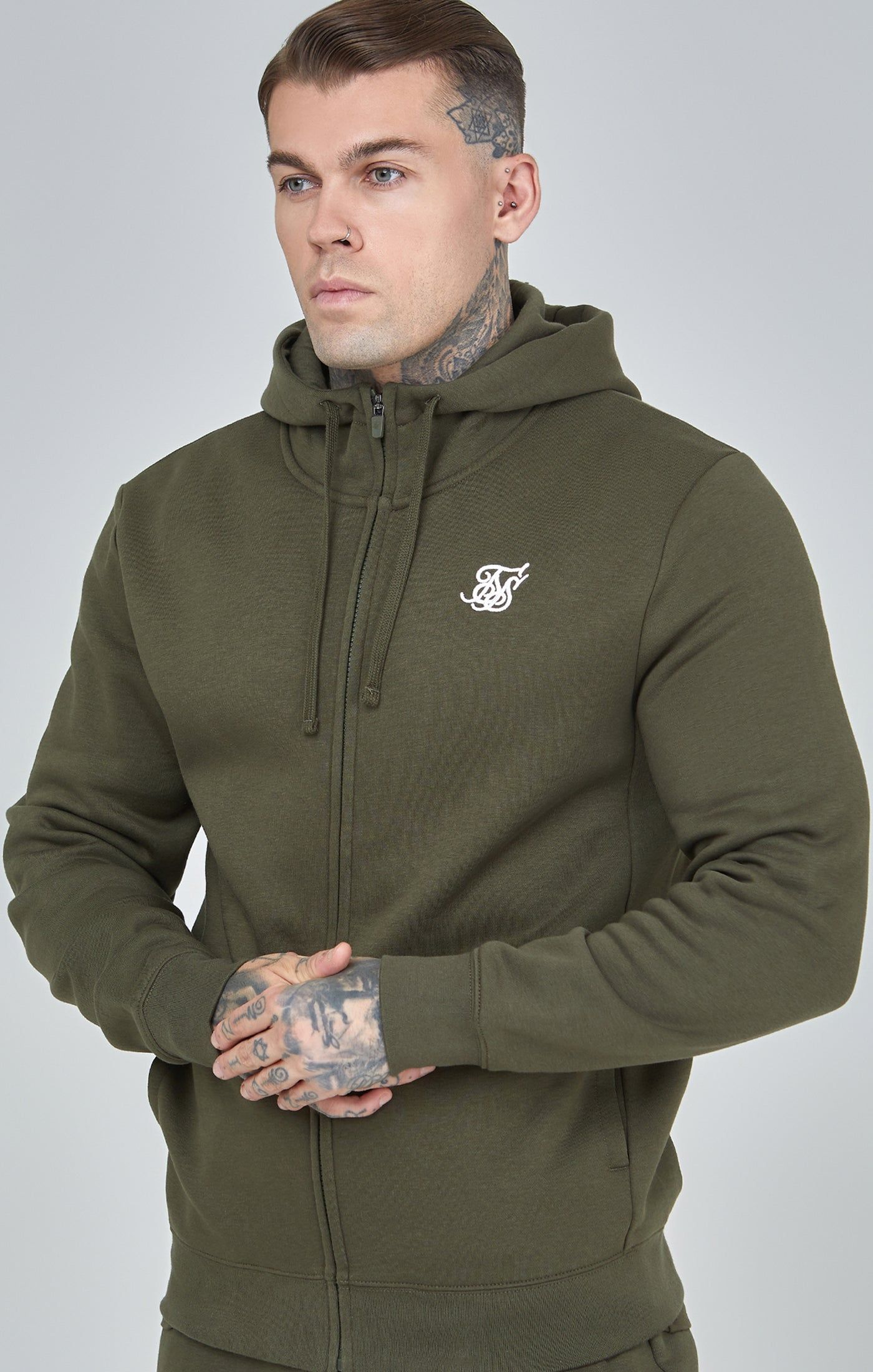 Khaki Essential Zip Through Funnel Hoodie sold by Siksilk