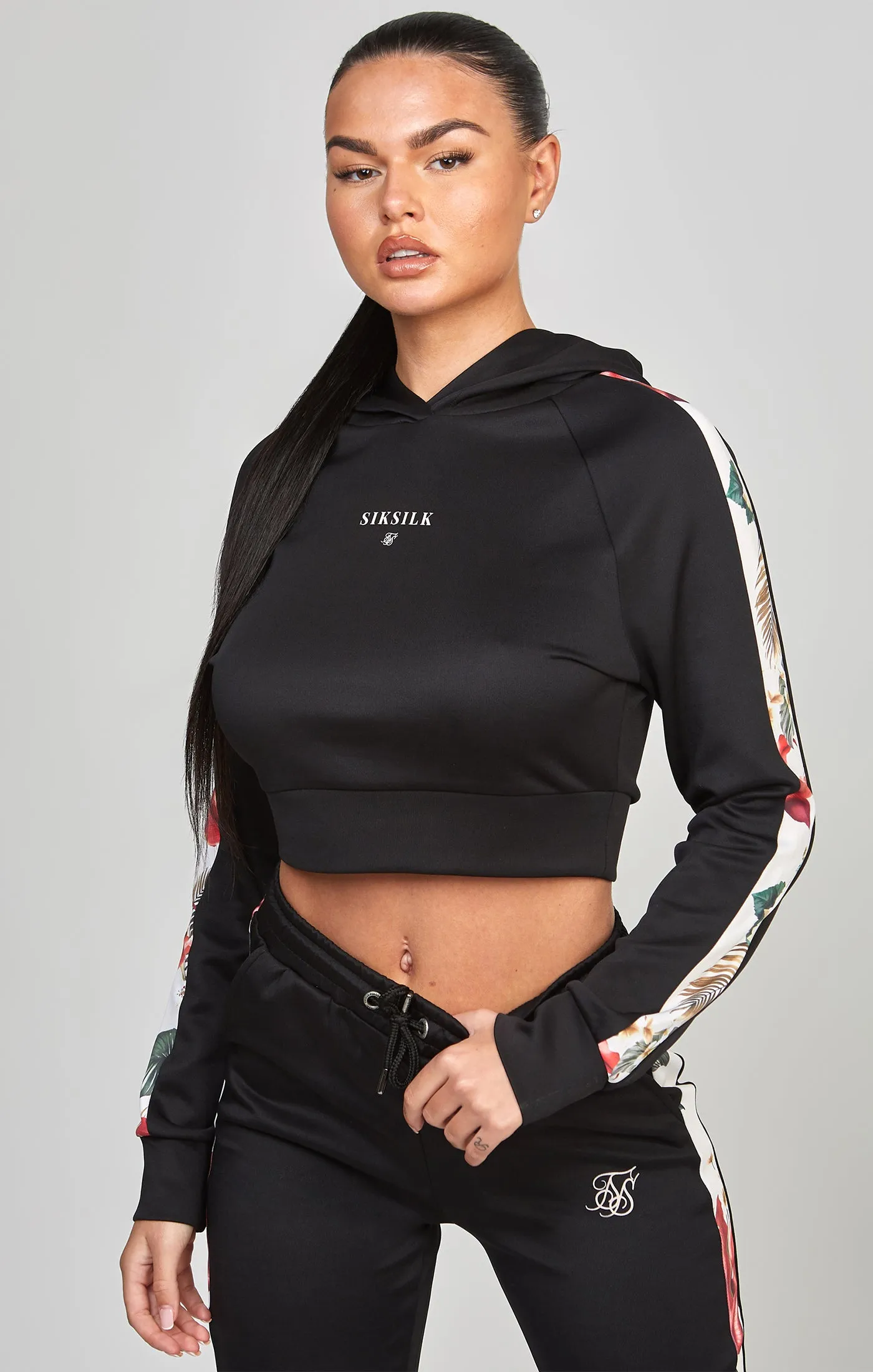 Black Floral Panelled Crop Hoodie sold by Siksilk